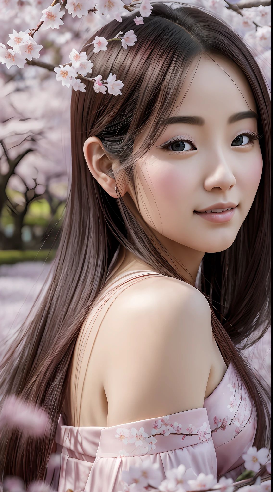 Masterpiece photography, Ultra realistic, 4k, 12k, hyper realistic, Amidst the breathtaking cherry blossoms of Kyoto, the beautiful woman emanates a delicate grace, her presence blending seamlessly with the enchanting pink petals, evoking a sense of timeless beauty and tranquility.