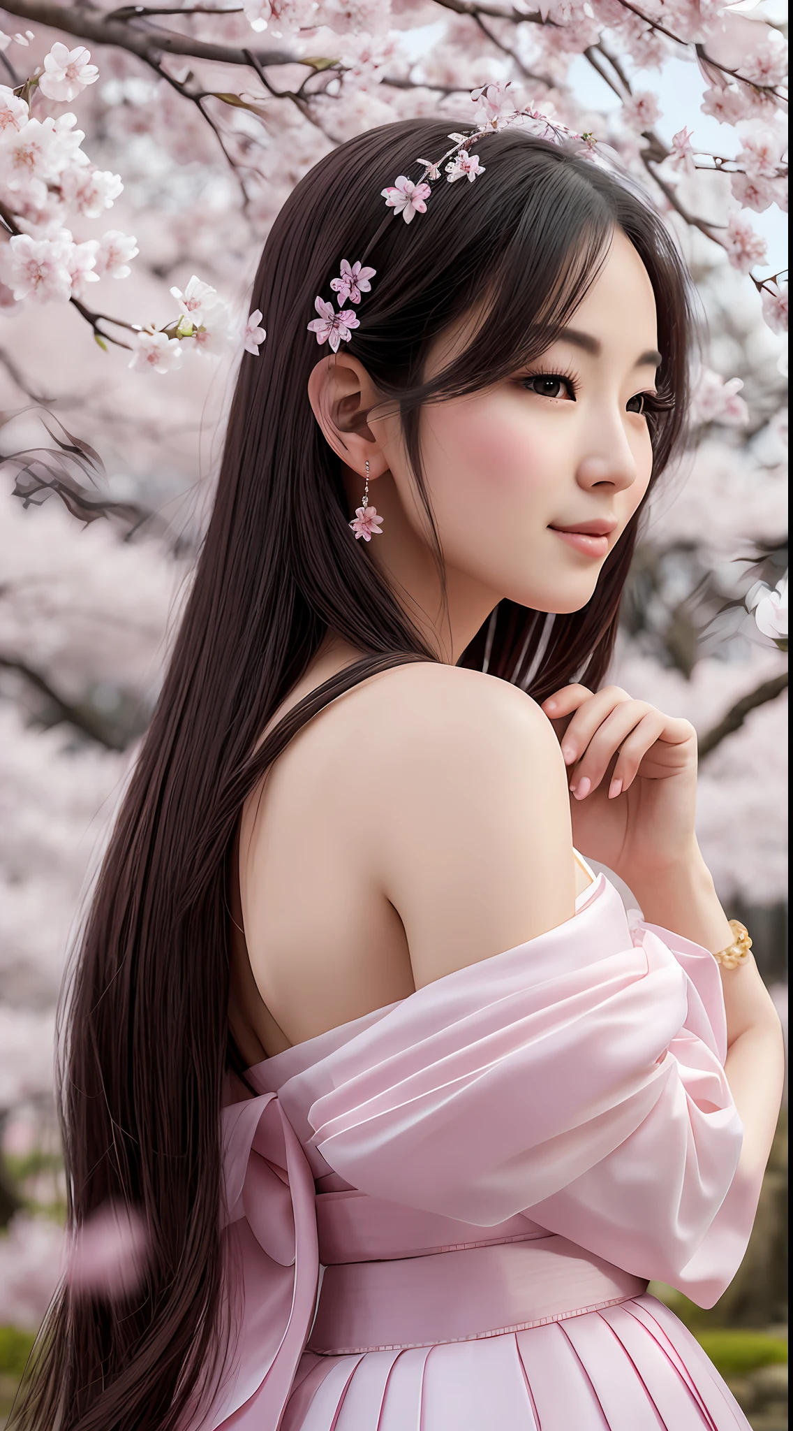 Masterpiece photography, Ultra realistic, 4k, 12k, hyper realistic, Amidst the breathtaking cherry blossoms of Kyoto, the beautiful woman emanates a delicate grace, her presence blending seamlessly with the enchanting pink petals, evoking a sense of timeless beauty and tranquility.