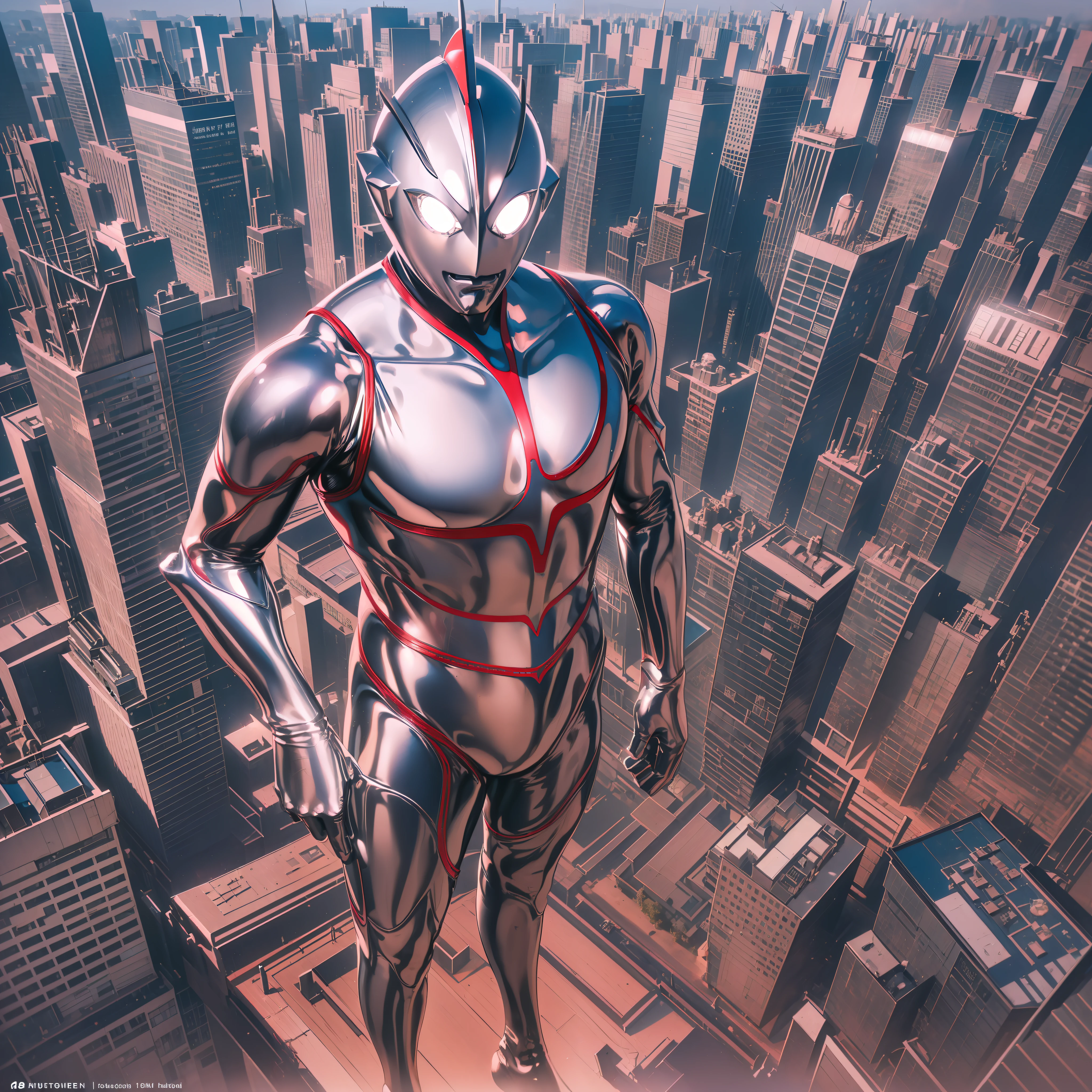 (Masterpiece, Superb Quality, Super Delicate, High Resolution), Male Focus, (((New Ultraman))), ((No Muscles))), (His head is tapered, his body is made of red and silver, his arms are streamlined, he looks tall and thin, the overall shape is streamlined and modern), (Fist pose), pose for photos, High angle, Dark night, city ruins, background details, ((((Full body))), from above, (((Sense of greatness)))