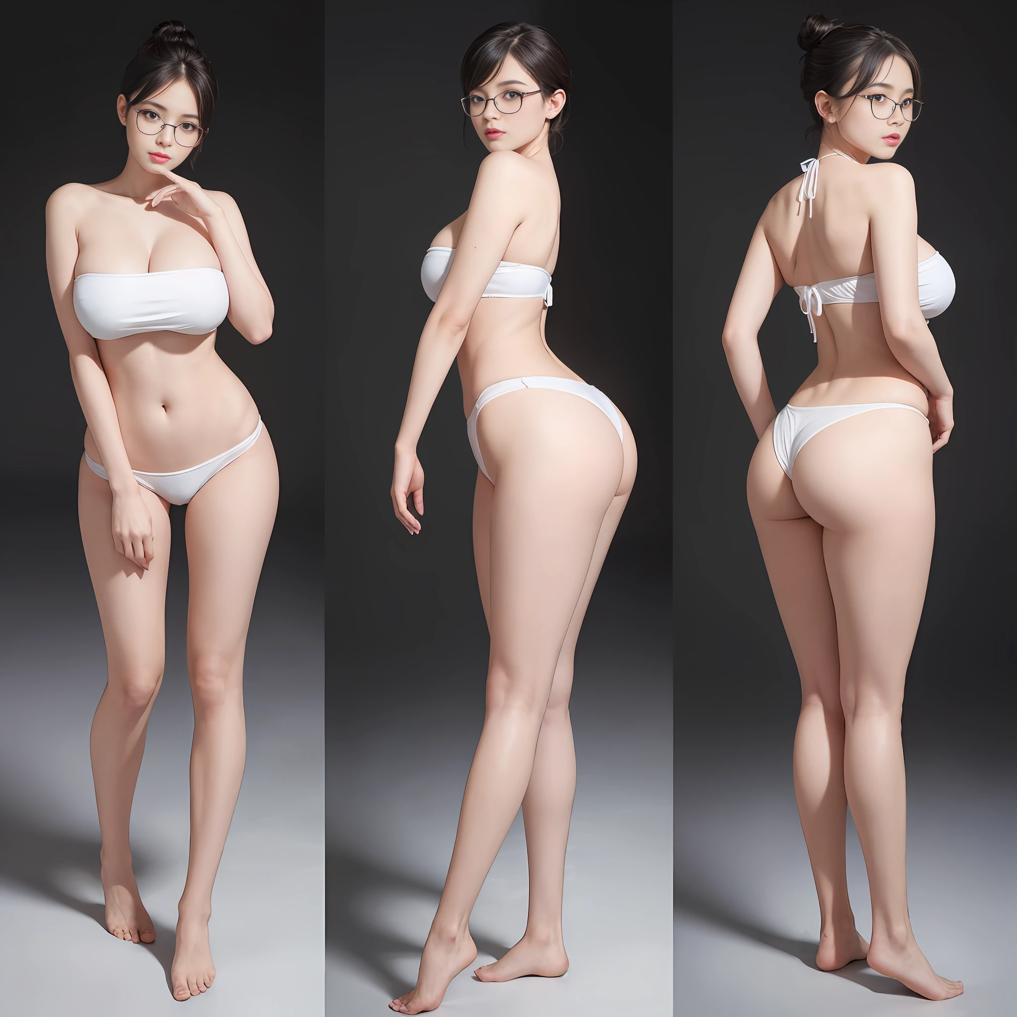 Best Quality, No Shadow Lighting, Deep Focus, Best Quality, Huge Breasts, Girls with Severe Sagging Breasts * Room wearing bandeau, standing barefoot, detailed hands, detailed feet, big ass, big breasts, masterpiece, best quality, super detailed, fine and detailed eyes and detailed face, neat low bun black short hair, natural makeup, white glasses, wide buttocks, big breasts, seductive, full body, (mature women, Milf: 1.1), Big Ass, Milf, (Front View Photo: 2.5), (Side View Photo: 2.5), (Rear View Photo: 2.5), Standard 3-View Works,