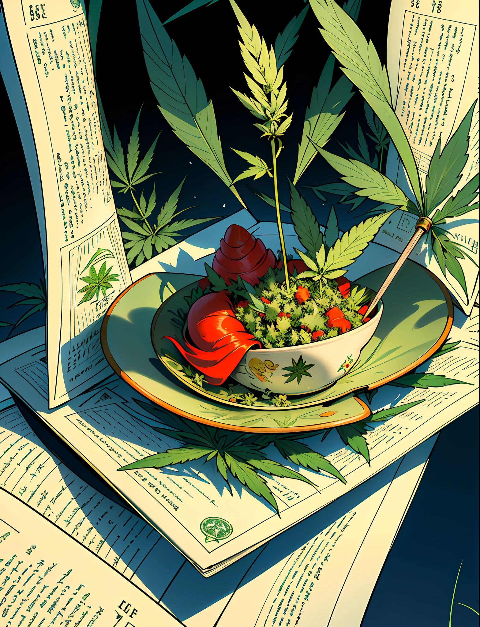 Close up closeup Hemp, leaf, marijuana, cannabis cone, ((illustration)), colorful, wallpaper, energy, secret, magical environment, magical environment, magic wand, books, pages flying in the sky, omniscience, prediction of the future, understanding the past, frost magic, spells, red hair, long hair, --v 6