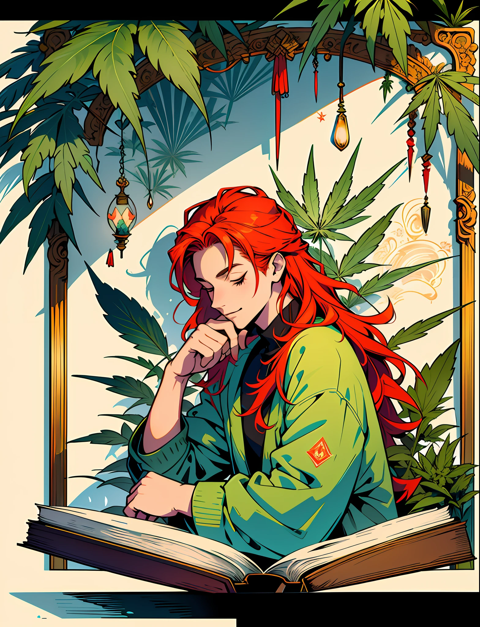 Close up closeup Hemp, leaf, marijuana, cannabis cone, ((illustration)), colorful, wallpaper, energy, secret, magical environment, magical environment, magic wand, books, pages flying in the sky, omniscience, prediction of the future, understanding the past, frost magic, spells, red hair, long hair, --v 6