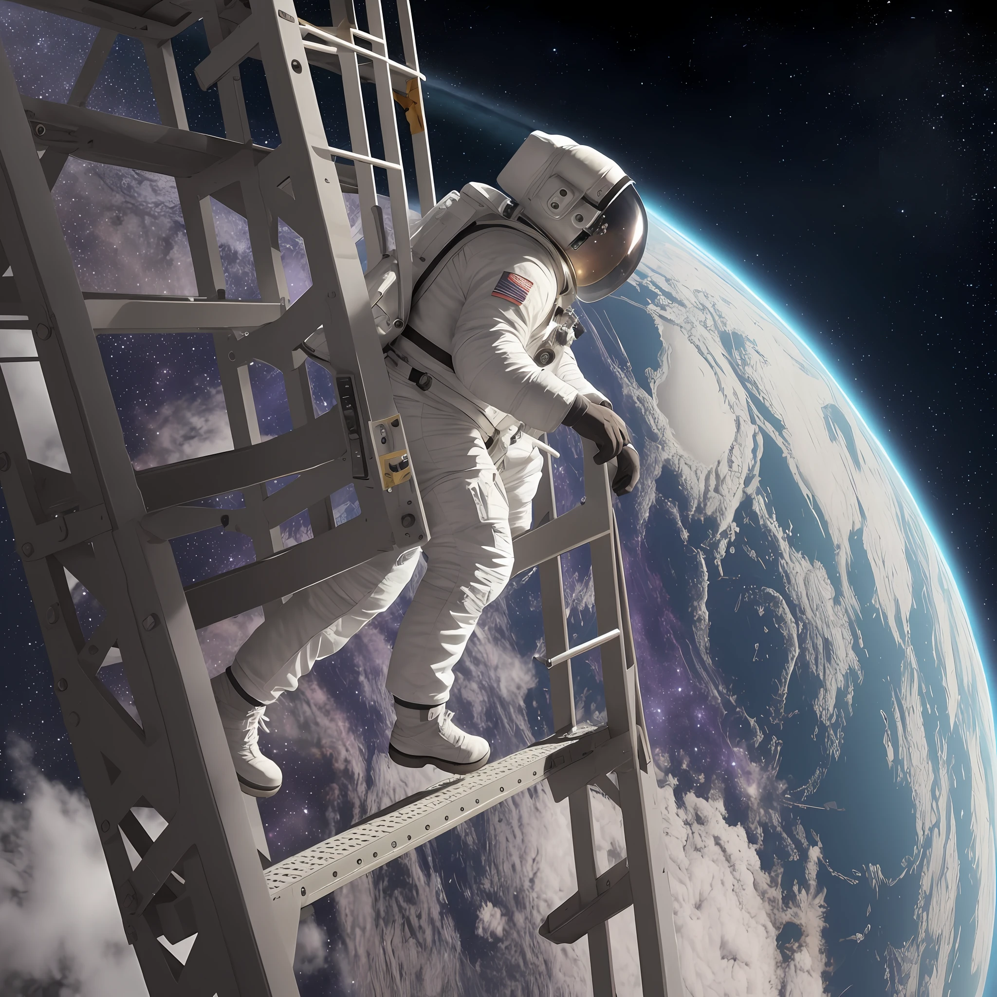 astronaut walking down a large ladder with purple particles around it, the ladder must have 5 steps, side view --auto --s2
