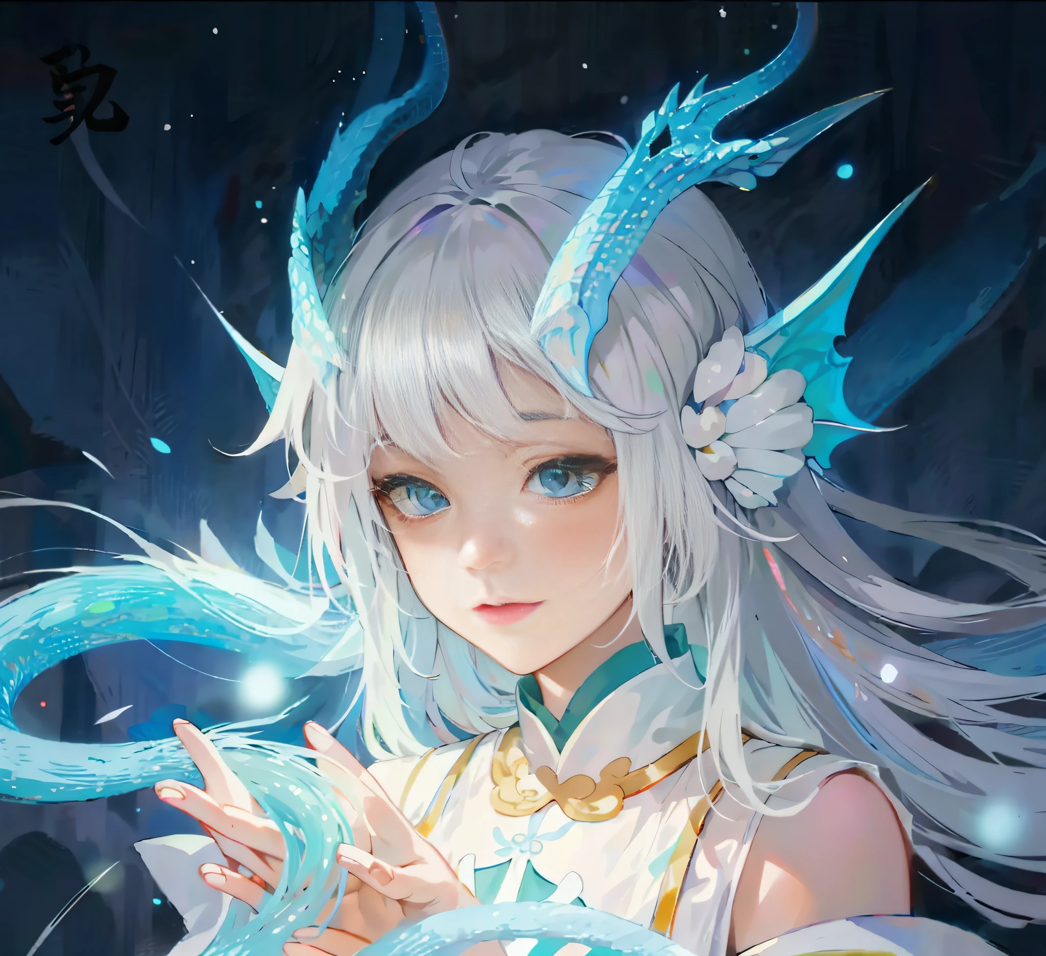 Close-up of a white-haired and blue-eyed person, white-haired god, dragon, beautiful celestial mage, portrait of a zodiac girl knight, Hirase Jinyao, beautiful young wind spirit, inspired by Leng Mei, Katsei from Genshin Impact, beautiful character painting, portrait of a dragon girl, ethereal anime, from King Glory Xi Shi, little green dragon wrapped around his hand