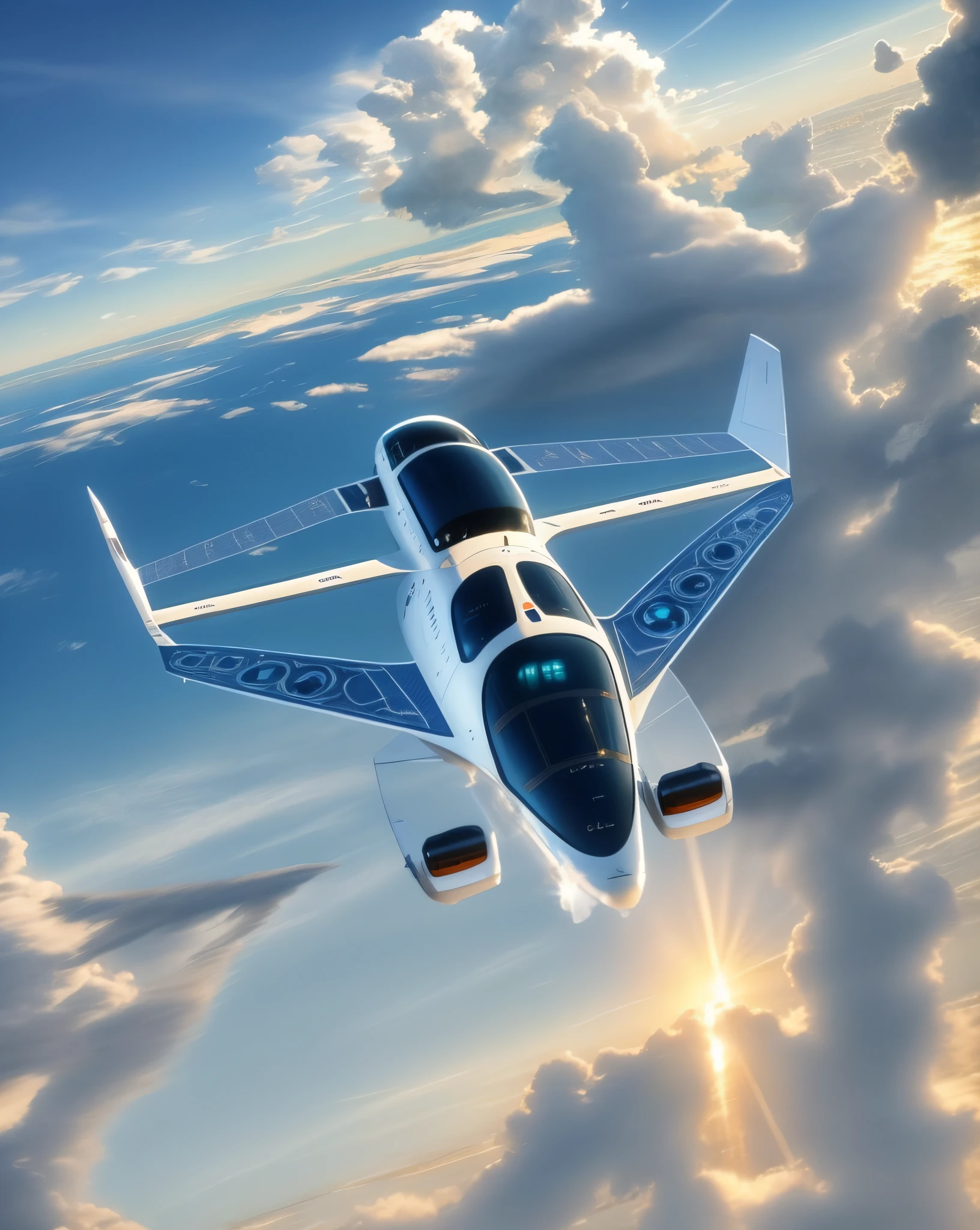 view from above, photo of a small airplane with a propeller and a nose, lockheed concept art, flying car, rendering of checkmate, syd mead style, masterpiece, hires, photo resolution, intricate detail, background city from above, day scene, clouds