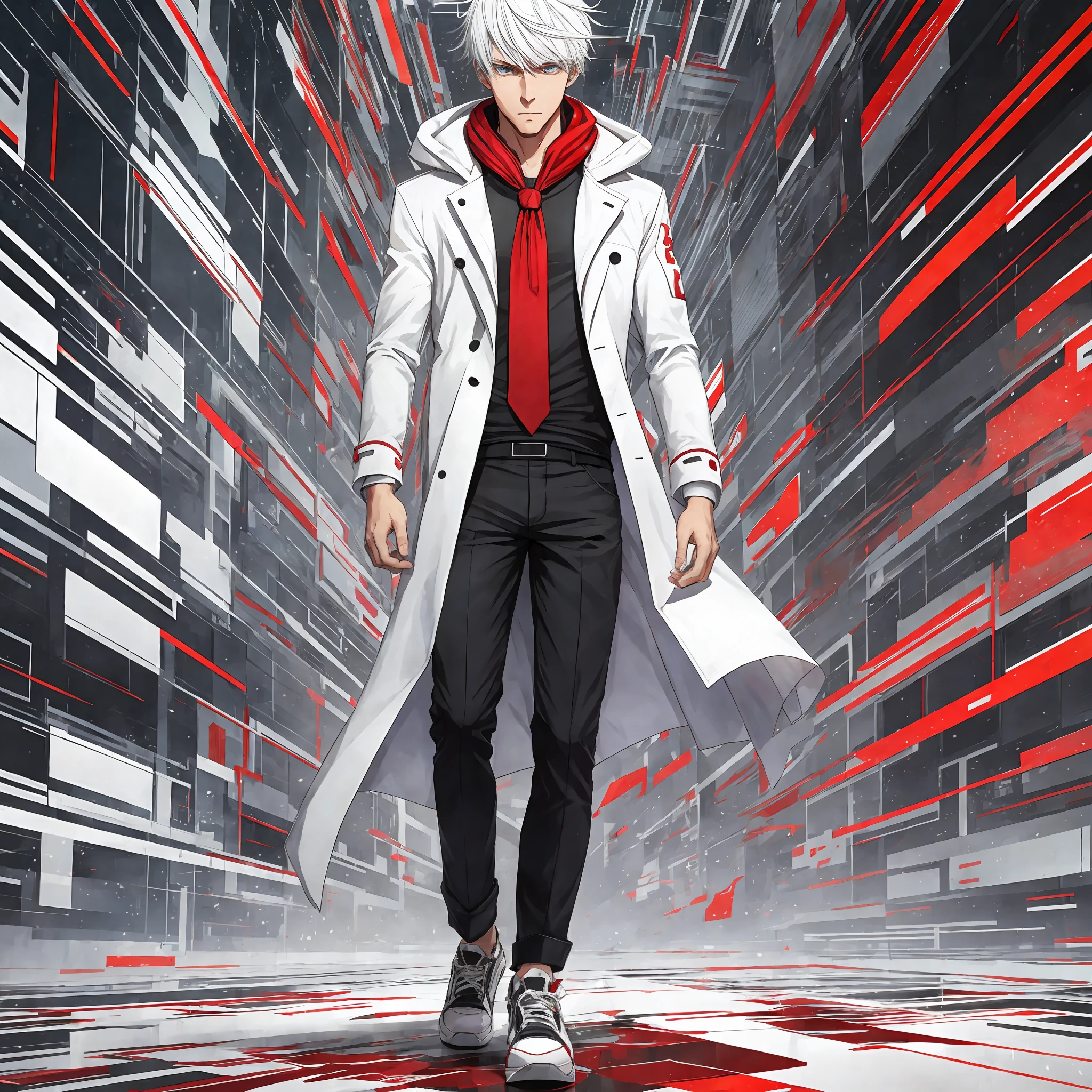 White-haired young man with a human appearance and yellow eyes with a red pupil, dressed in a red Scarf with a white raincoat coat with a large horizontal bleeding wound on his chest, black shorts with a white stripe on both sides and white sneakers with laces, his left eye covered with white Glitch particles and a white T-shirt with a black tie, in some parts his body is surrounded by Glitch --auto --s2