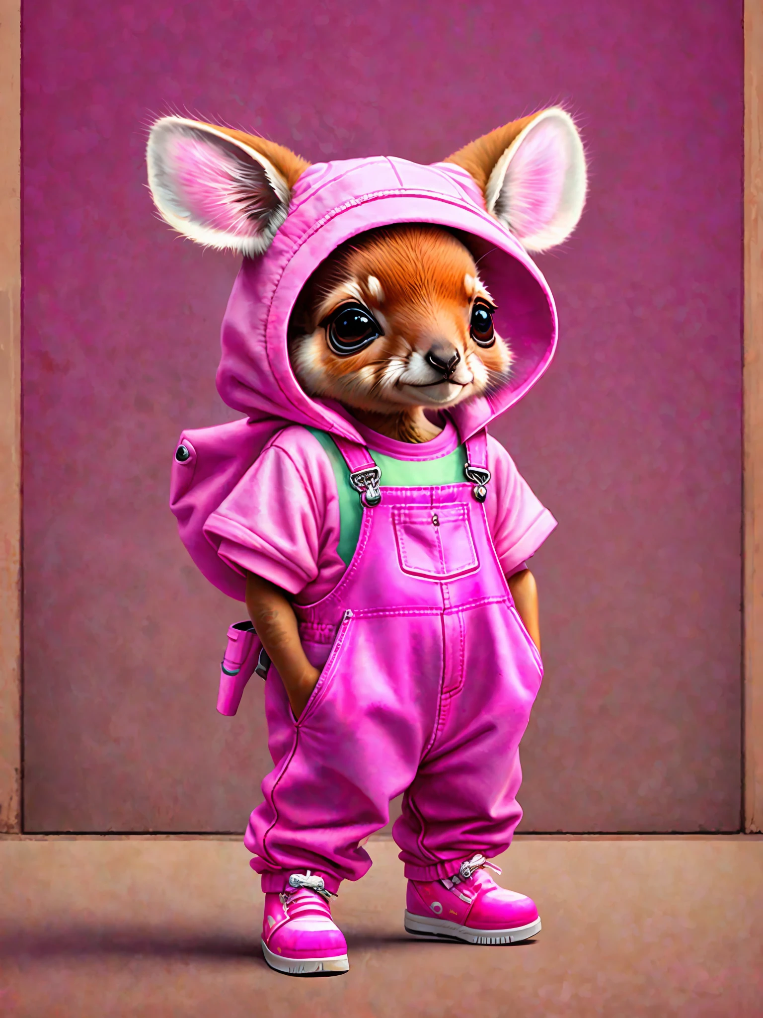 a painting of a small kangaroo, trend in art station, dressed in pink overalls, detailed hyper realistic rendering, gang member, street style, intimidating pose, kangaroo planet, stylish pink outfit