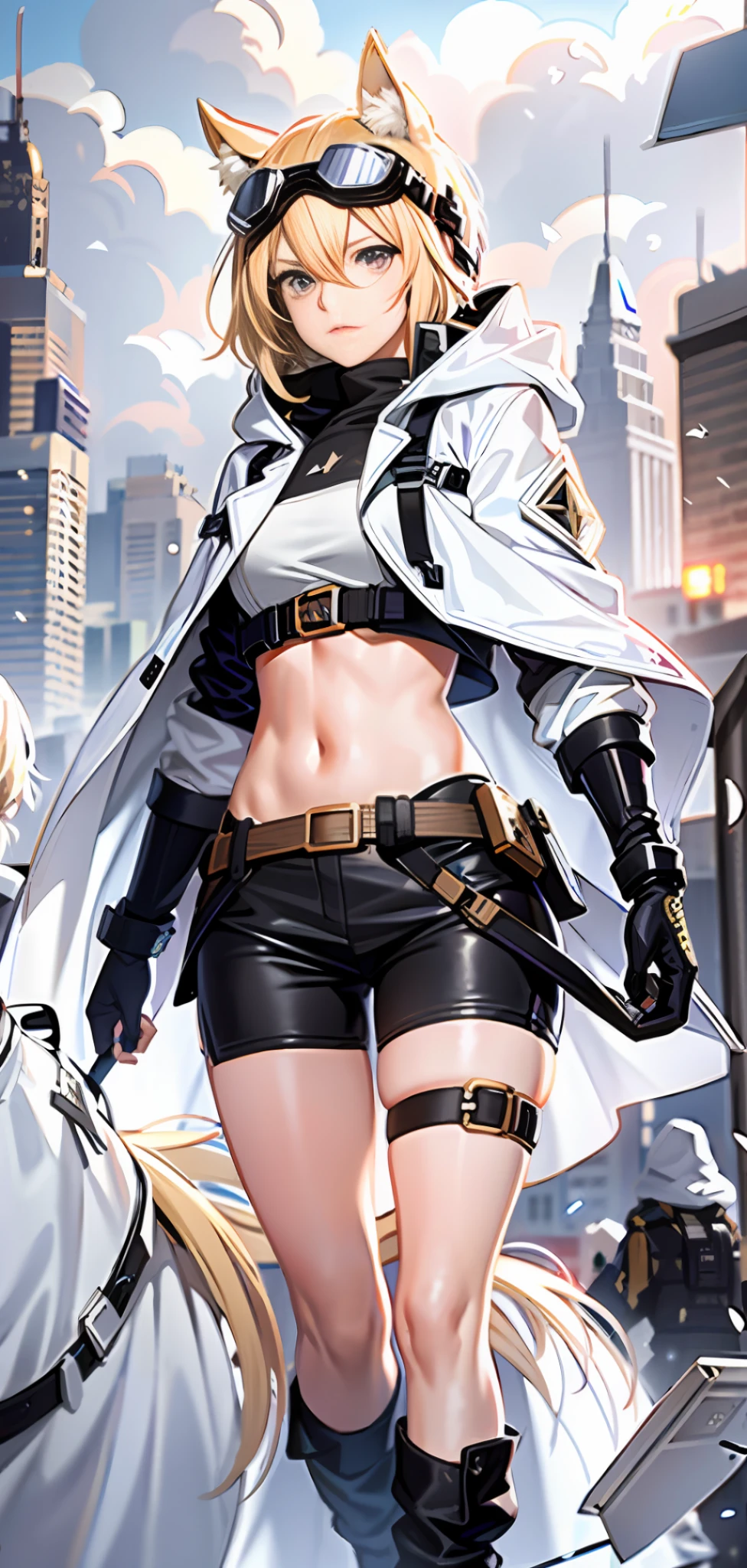 Noisy night city background, single full body standing painting, white translucent hooded trench coat, crop navel, hot pants, long and short suspender stockings, windproof goggles, golden eyes, blonde hair, using white pistol, horse ears, heroic and sassy royal sister, ark of tomorrow, best quality, high resolution, best quality, high quality, detailed key anime art, best anime