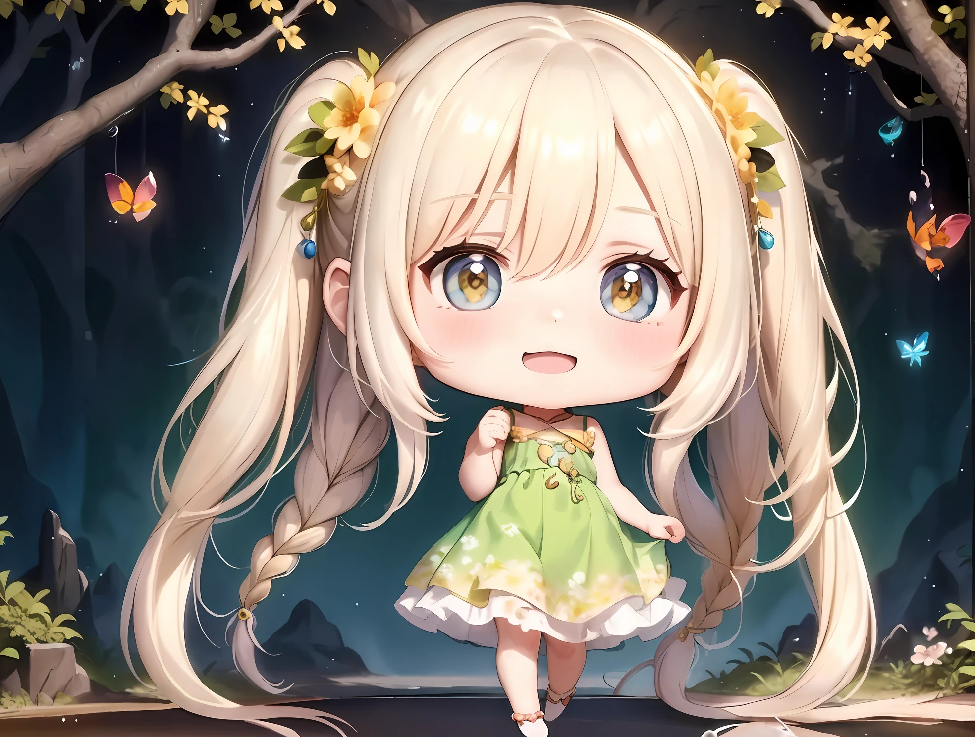((Masterpiece)), super detailed, best quality, anime girl green skirt standing in front of a tree, long blonde hair, (cute little face + flying water drops: 1.2), beautiful costume, chibi anime girl, advanced digital art, cute curved , anime chibi, kawase watercolor style.