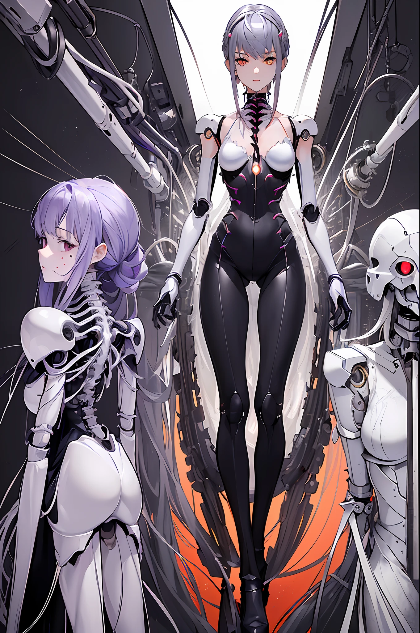 (((Masterpiece)))), (((highest quality)))), ((Ultra Definition)), (Very detailed photoreality), ((Very delicate and beautiful)), (Delicate and pretty face), Cinematic Light, (((1 girl parasitized by a machine)), Solo, Full body, Big, cleavage is visible skin, gray hair, purple eyes, glowing eyes, thighs skin exposed metal, metallic body, detailed neon, hydraulic cylinder, (mechanical joints: 1.4), ((mechanical limbs)), (blood vessels connected to tubes), (mechanical vertebrae attached to the back)), ((mechanical cervical vertebrae) attached to the neck)), (sitting)), expressionless, (wires and cables attached to the head and body: 1.5), (character focus), small LED lamps on the body, Evangelion, Rei Ayanami, SF,