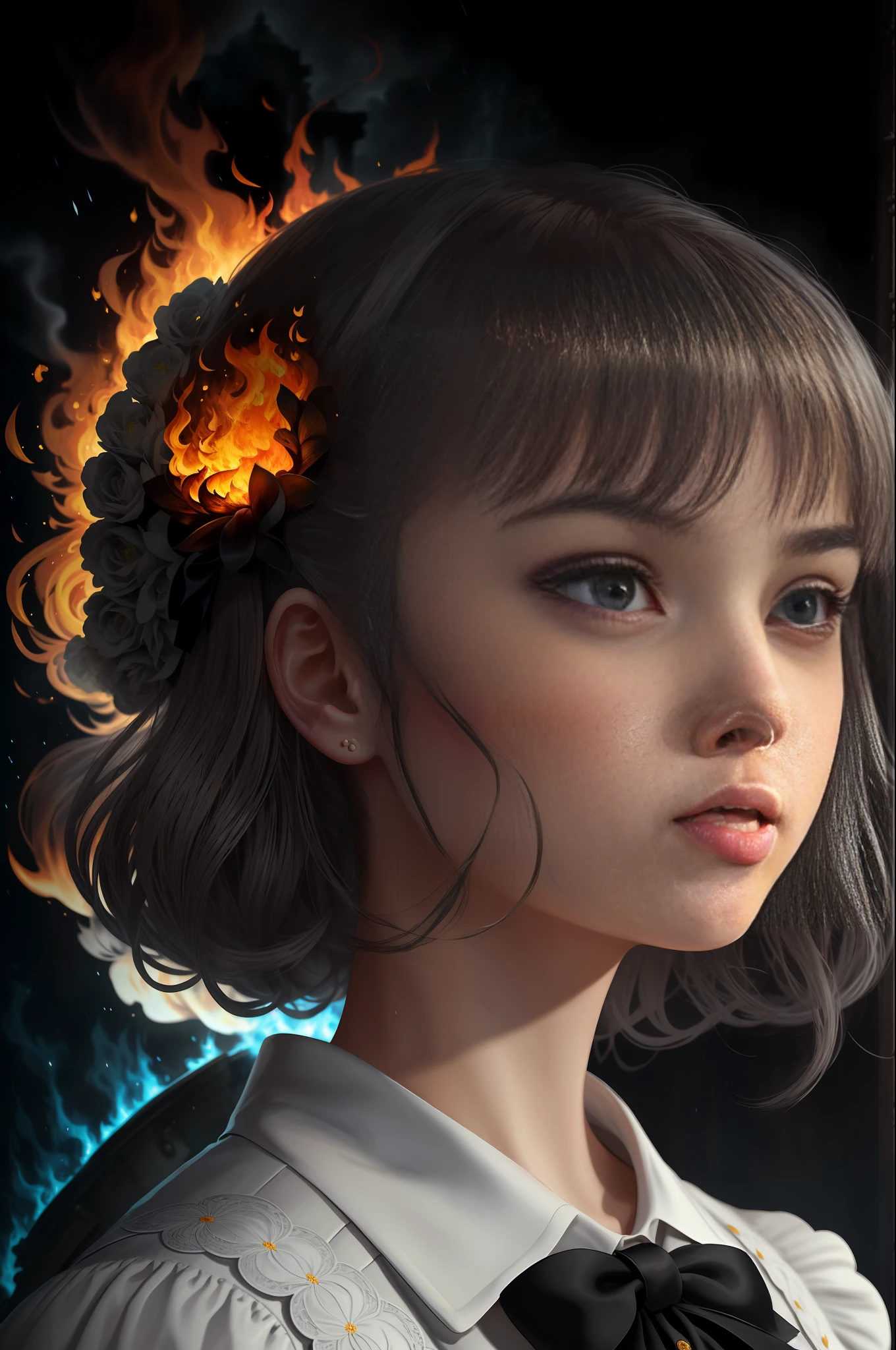 masterpiece,best quality, illustration,{beautiful detailed girl},beautiful detailed glow,(flames of war:1.2),(nuclear explosion behide:1.3),rain,detailed lighting,detailed water,(beautiful detailed eyes:1.1),expressionless,palace,azure hair,disheveled hair,long bangs,hairs between eyes,(whitegrey dress:1.1),black ribbon,white bowties,midriff,big forhead,blank stare,flower,long sleeves
