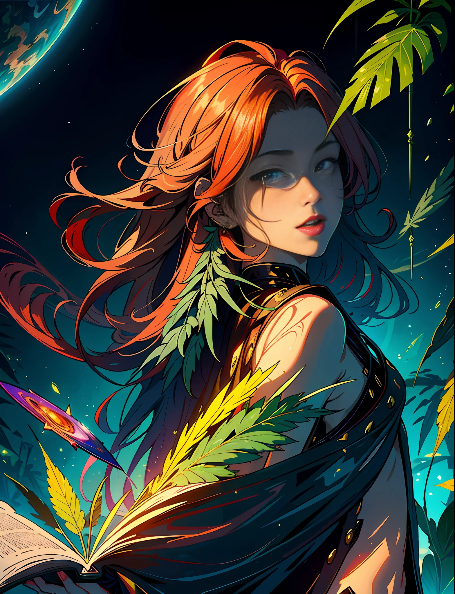 Close up Hemp, leaf, marijuana, cannabis cone, ((illustration)), colorful, wallpaper, energy, unknown horror, secret, magical environment, magical environment, magic wand, books, pages flying in the sky, omniscience, prediction of the future, understanding the past, frost magic, warlock, magic circle, pentagram, spells, chant magic, red hair, long hair, close-up of the most beautiful beautiful woman and man, stylish, fashionable, perfect, elegant tenderness, trendy artstation, Romance, Passion, Cool, Lovers, Lovers, Touch, Weasel from the galaxy of stars underwater, Hyperdetailed, Retrofuturistic, Abstract art, Art by Leonid Afremov, Kandinsky, Psychedelic --v 6