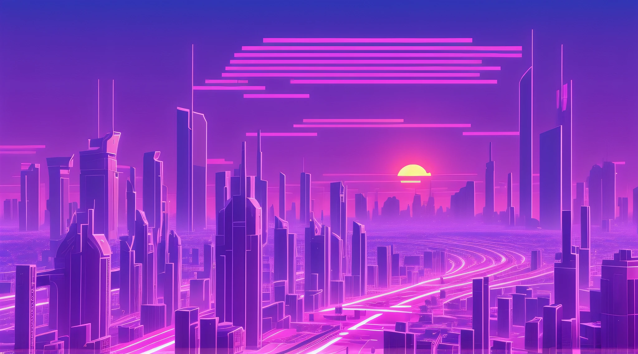 Futuristic city at sunset, using shades of purple and pixel-art style --auto --s2