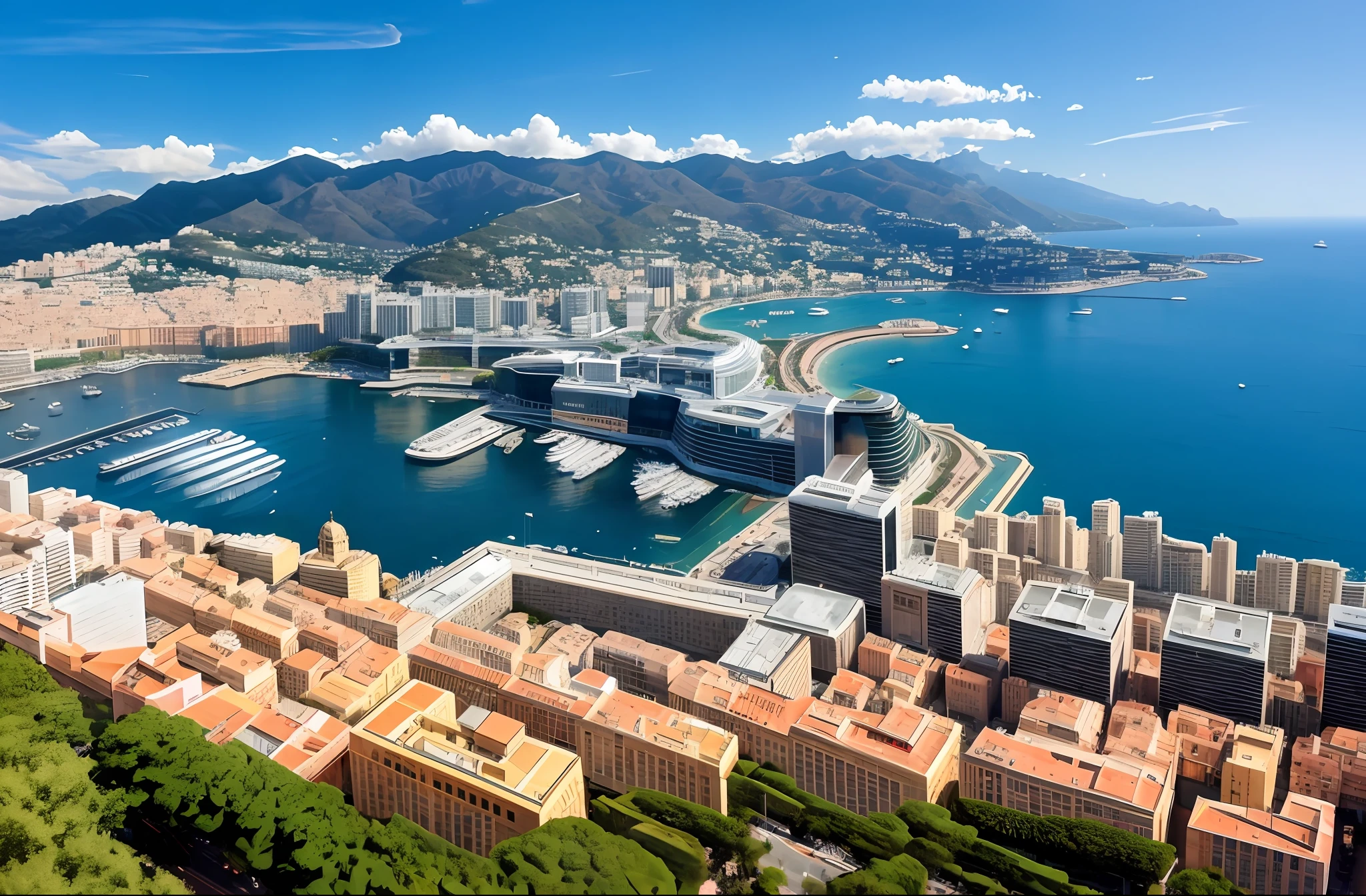 a view of a large building with a roof on top of it, monaco, a monumental, overview, city, capital plaza, nice weather, sunken square, nagasaki, bright sunny day, by Alfredo Volpi, helipad, monumental, naples, surrounding the city, versace, split near the left, city square, nice, market