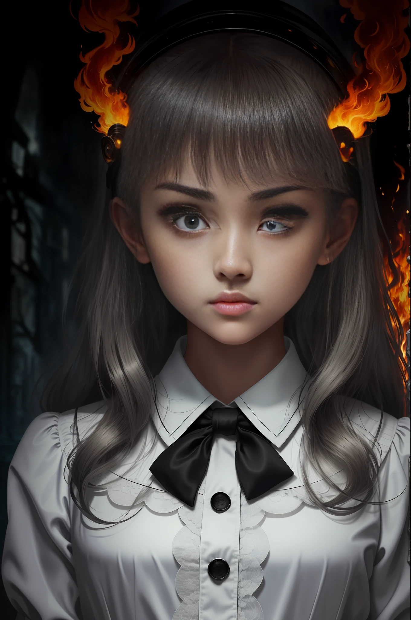 masterpiece,best quality, illustration,{beautiful detailed girl},beautiful detailed glow,(flames of war:1.2),(nuclear explosion behide:1.3),rain,detailed lighting,detailed water,(beautiful detailed eyes:1.1),expressionless,palace,azure hair,disheveled hair,long bangs,hairs between eyes,(whitegrey dress:1.1),black ribbon,white bowties,midriff,big forhead,blank stare,flower,long sleeves