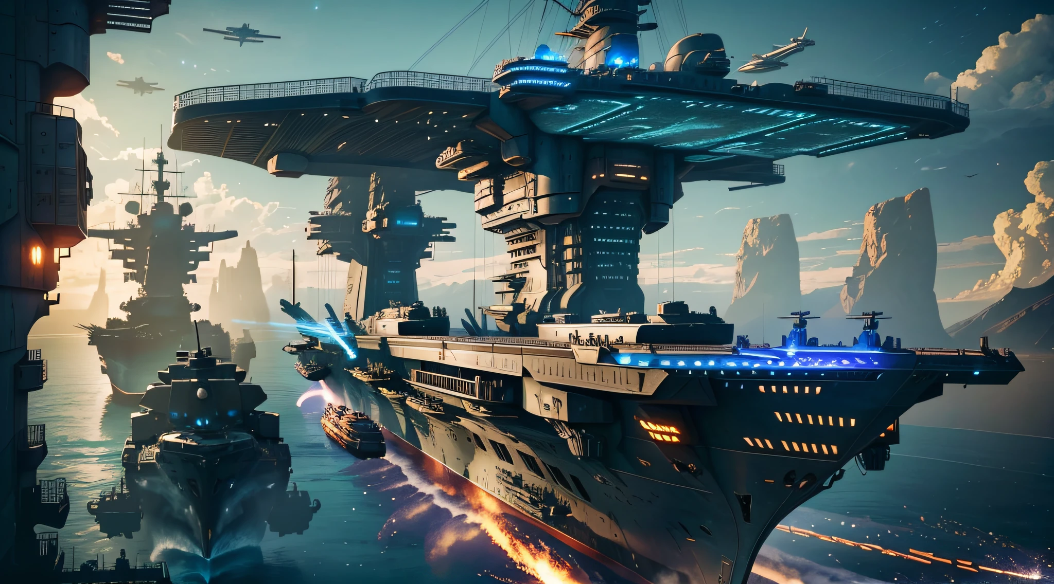 Steampunk style, cold tones, cinematic effects, futuristic sci-fi giant aircraft carrier, like whales flying in the sky, aerial view, aircraft carrier super fine, fighter jets parked on deck, super detail, light and shadow, particle light, particle special effects, blue flame erupting at the tail, ambient lights, surreal sci-fi dock in the background, aesthetic, 8K, top painting, concept art, epic composition, with HD details, metallic texture and tension composition, hyper-realistic, ultra-realistic, rich in detail, 3D.