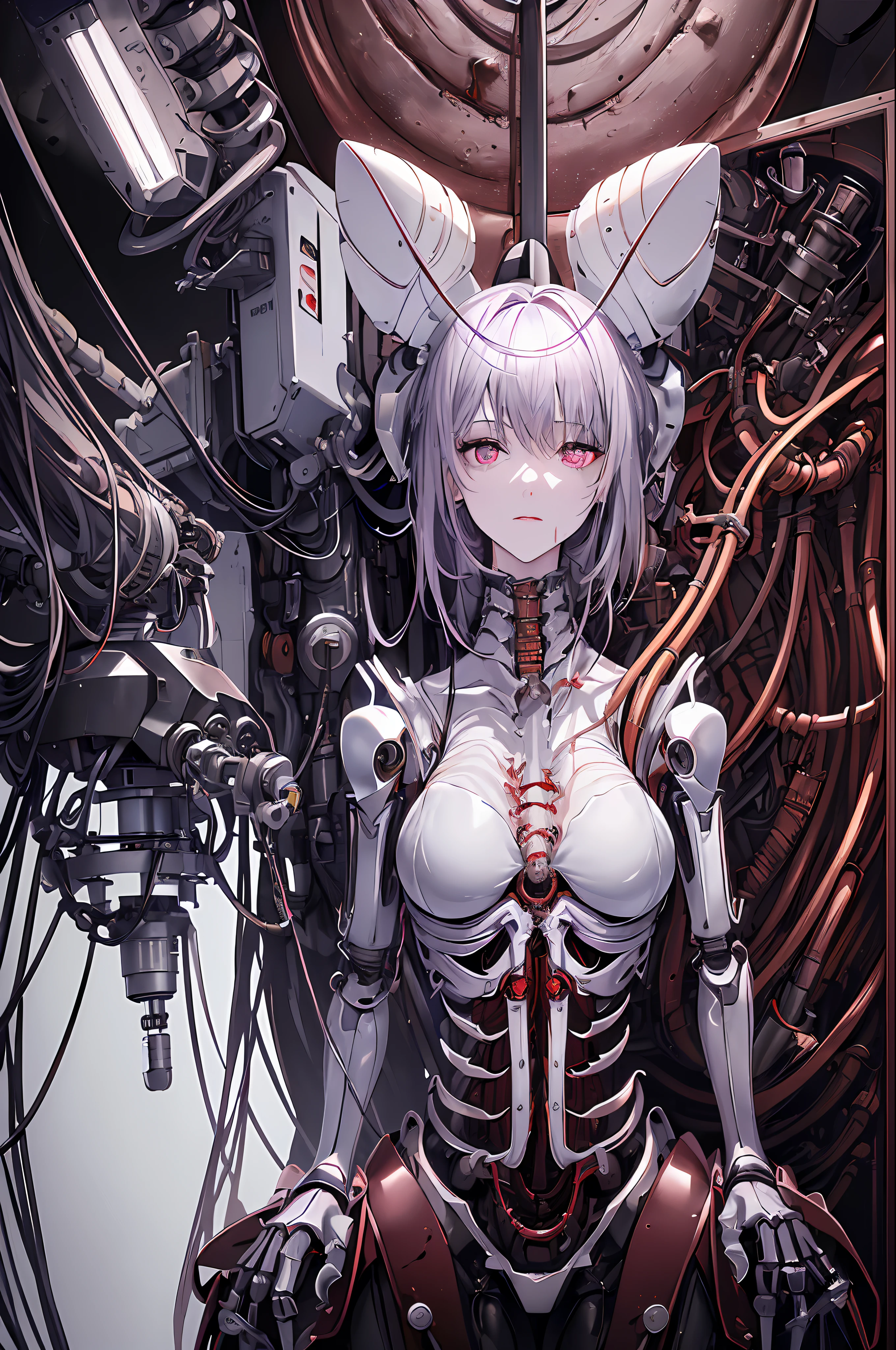 (((Masterpiece)))), (((highest quality)))), ((Ultra Definition)), (Very detailed photoreality), ((Very delicate and beautiful)), (Delicate and pretty face), Cinematic Light, (((1 girl parasitized by a machine)), Solo, Full body, Big, cleavage is visible skin, gray hair, purple eyes, glowing eyes, thighs skin exposed metal, metallic body, detailed neon, hydraulic cylinder, (mechanical joints: 1.4), ((mechanical limbs)), (blood vessels connected to tubes), (mechanical vertebrae attached to the back)), ((mechanical cervical vertebrae) attached to the neck)), (sitting)), expressionless, (wires and cables attached to the head and body: 1.5), (character focus), small LED lamps on the body, Evangelion, Rei Ayanami, SF,