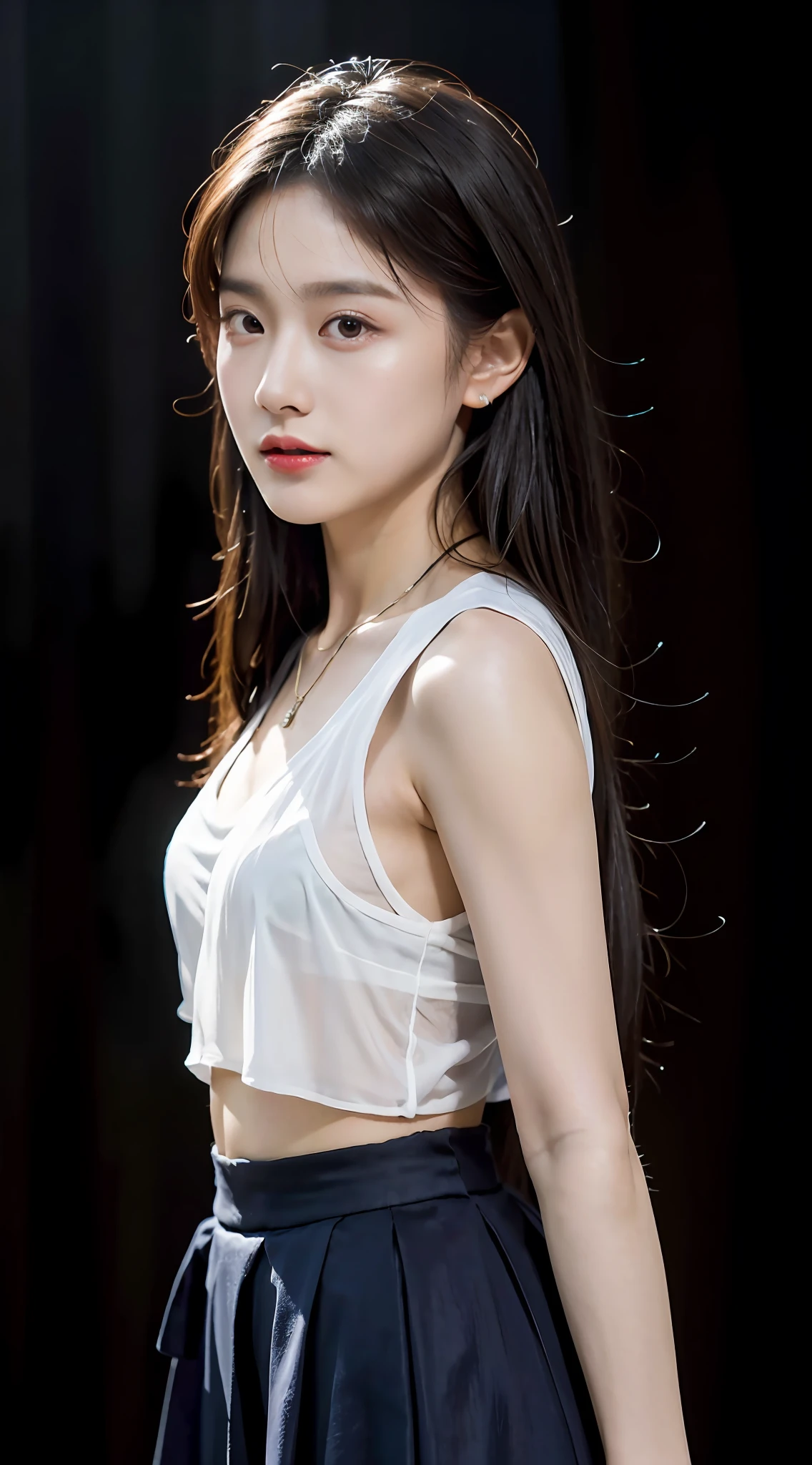 Best Quality, Masterpiece, High Resolution, 1girl, 23 years old, Ultra-thin tulle deep V high split transparent long skirt, translucent, skin with texture behind the skirt, hair accessories, necklace, jewelry, beautiful face, body, Tyndall effect, realistic, dark studio, edge lighting, two-tone lighting, (high detail skin: 1.2), 8k uhd, dslr, soft light, high quality, volumetric light, peek, photo, high resolution, 4k, 8k, background blur,