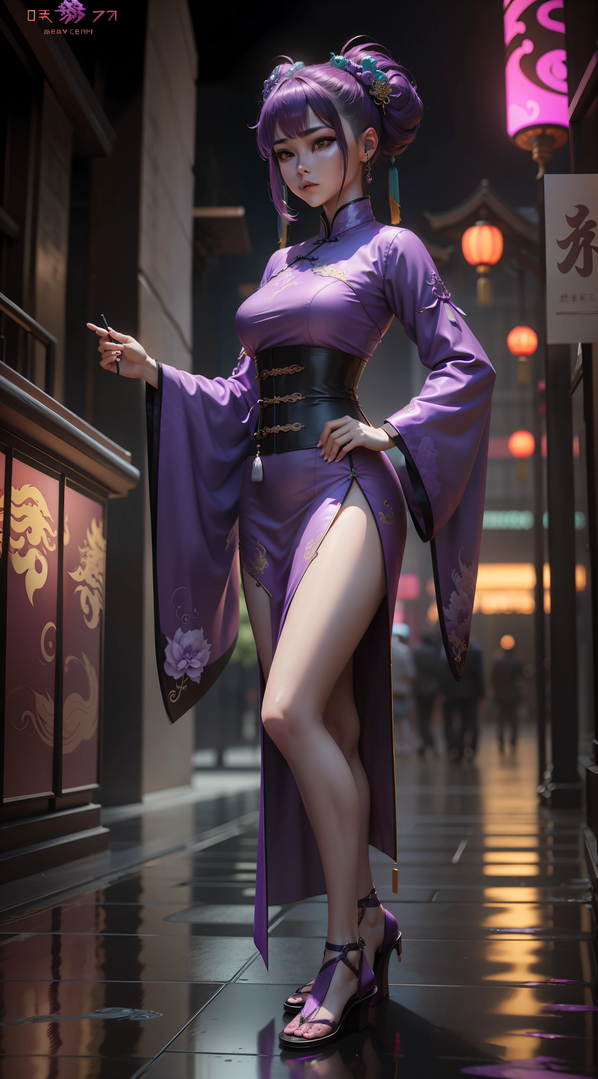 Chinese Dragon, Purple, Hanfu, Water and Light Reflection, Candy Color, Cyberpunk, Fashion Trends, Detail Representation, 3D, Animation Lighting, C4D, Ocrederer, 8K, Best Quality