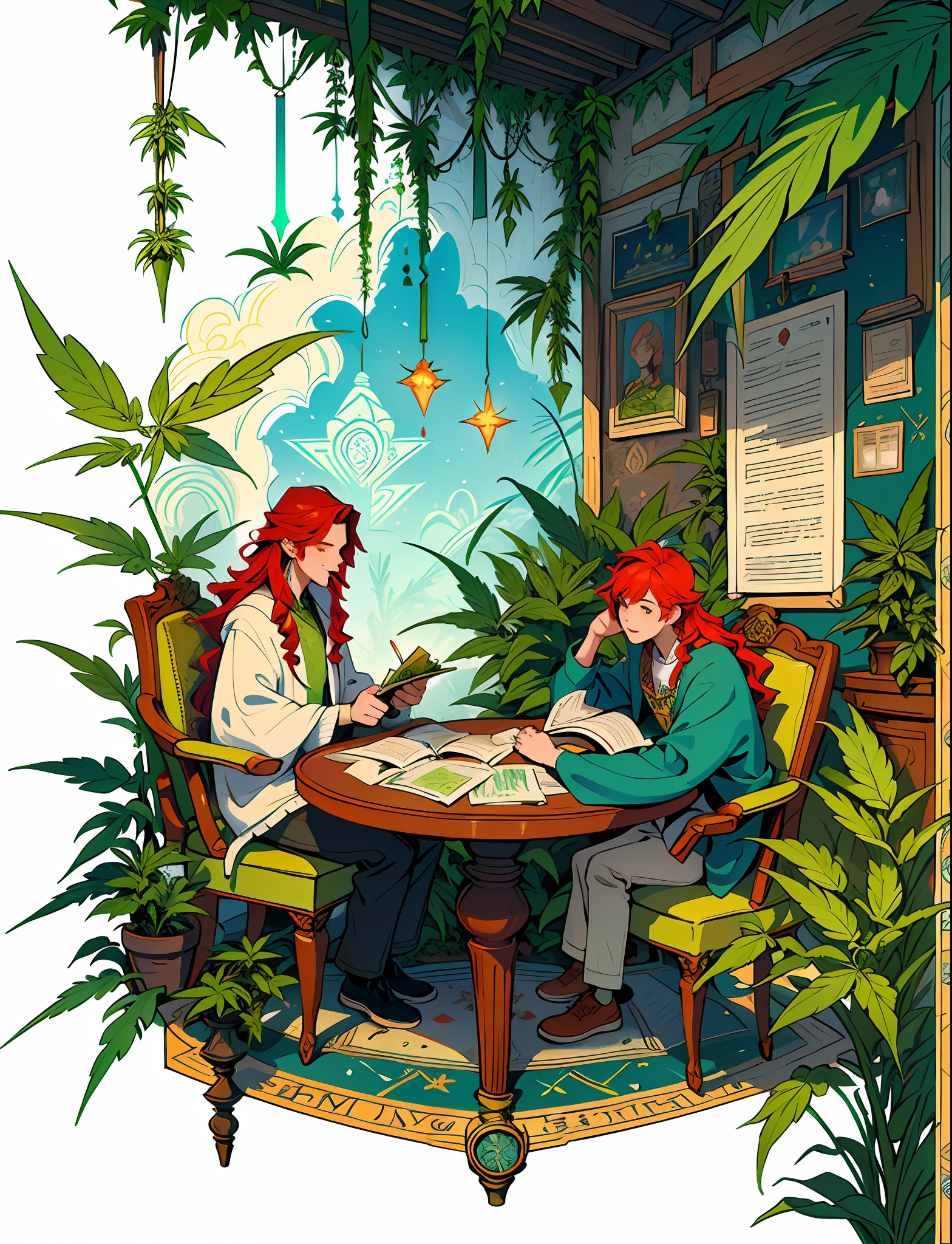 Close up closeup Hemp, leaf, marijuana, cannabis cone, ((illustration)), colorful, wallpaper, energy, secret, magical environment, magical environment, magic wand, books, pages flying in the sky, omniscience, prediction of the future, understanding the past, frost magic, spells, red hair, long hair, --v 6