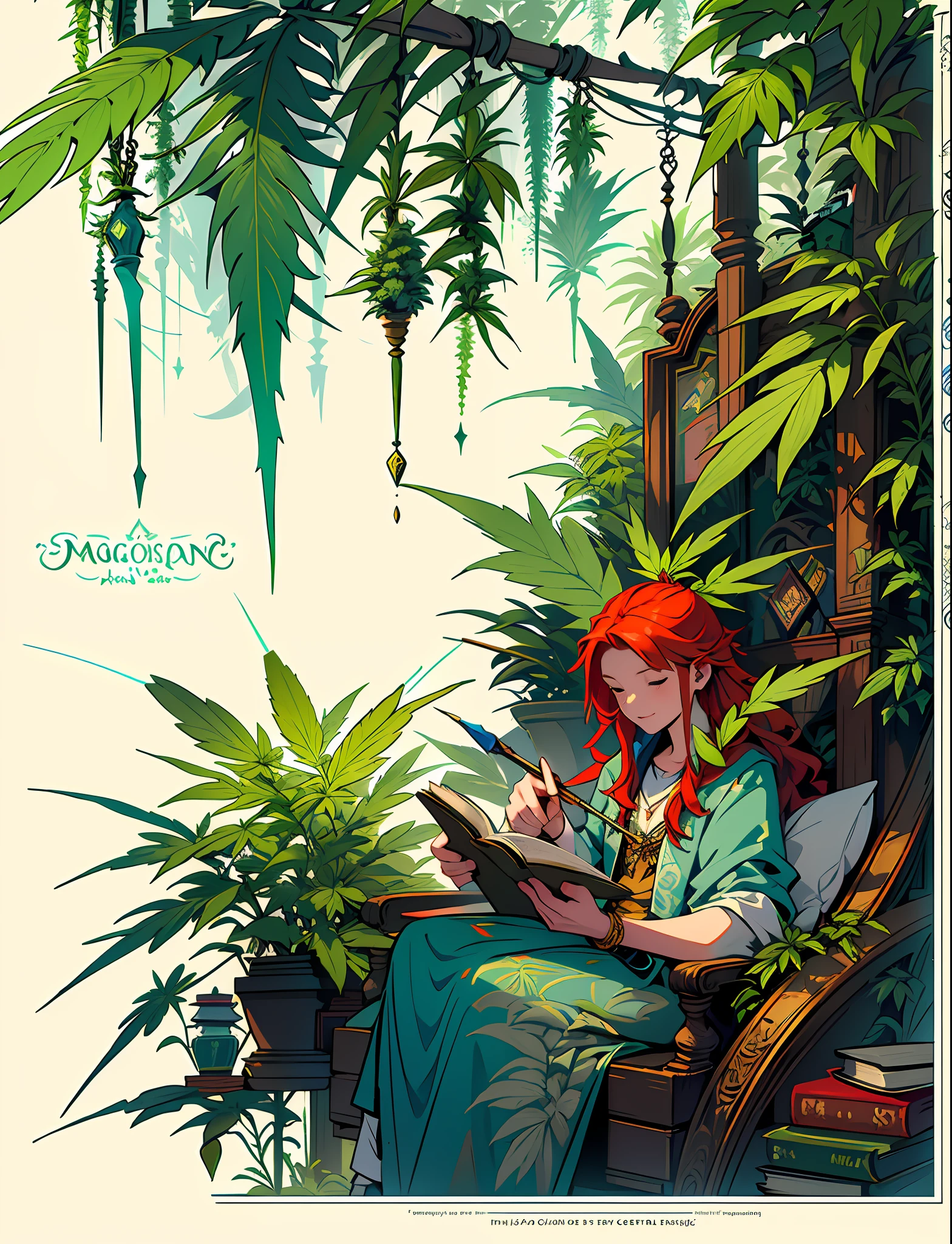 Close up closeup Hemp, leaf, marijuana, cannabis cone, ((illustration)), colorful, wallpaper, energy, secret, magical environment, magical environment, magic wand, books, pages flying in the sky, omniscience, prediction of the future, understanding the past, frost magic, spells, red hair, long hair, --v 6