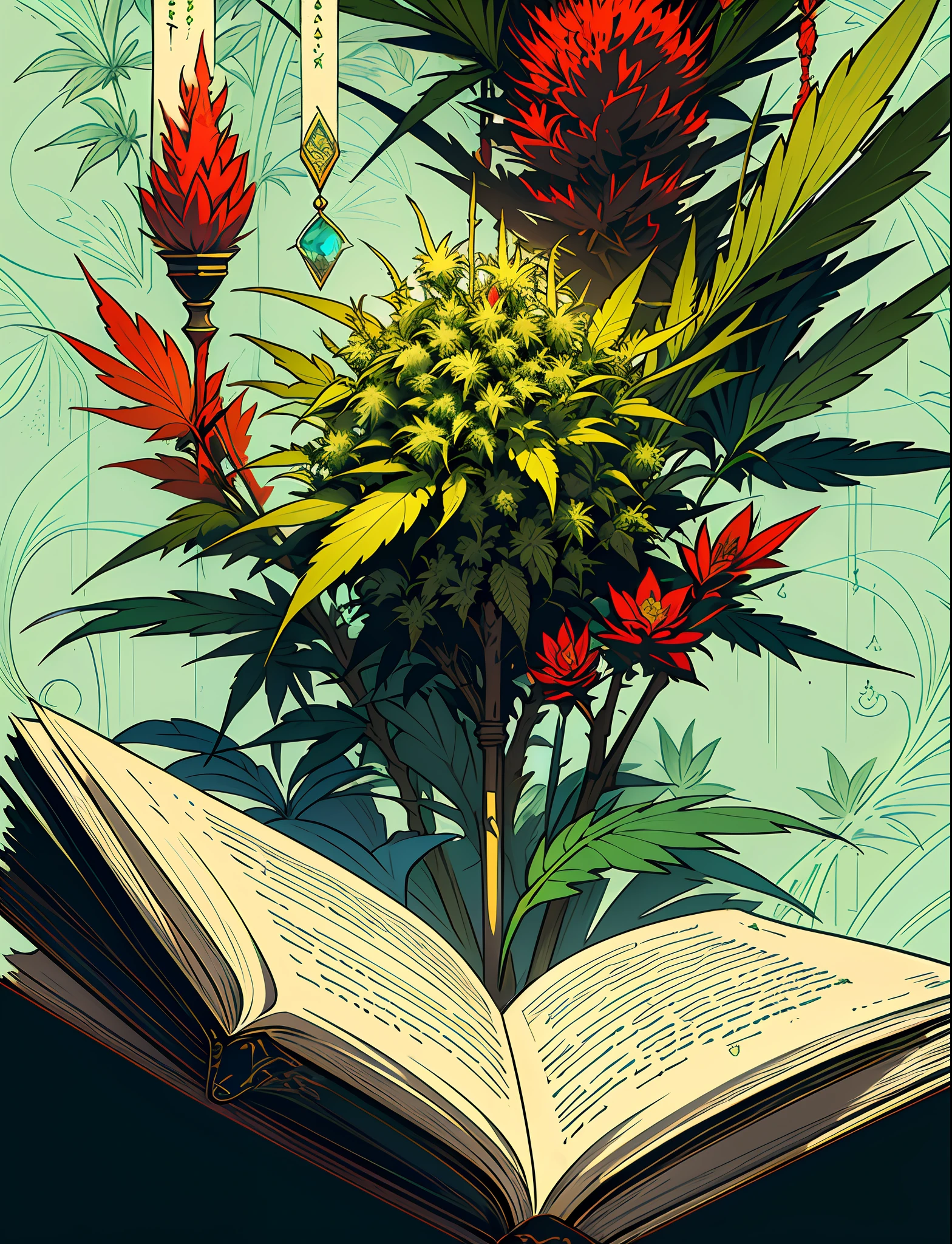 Close up closeup Hemp, leaf, marijuana, cannabis cone, ((illustration)), colorful, wallpaper, energy, secret, magical environment, magical environment, magic wand, books, pages flying in the sky, omniscience, prediction of the future, understanding the past, frost magic, spells, red hair, long hair, --v 6