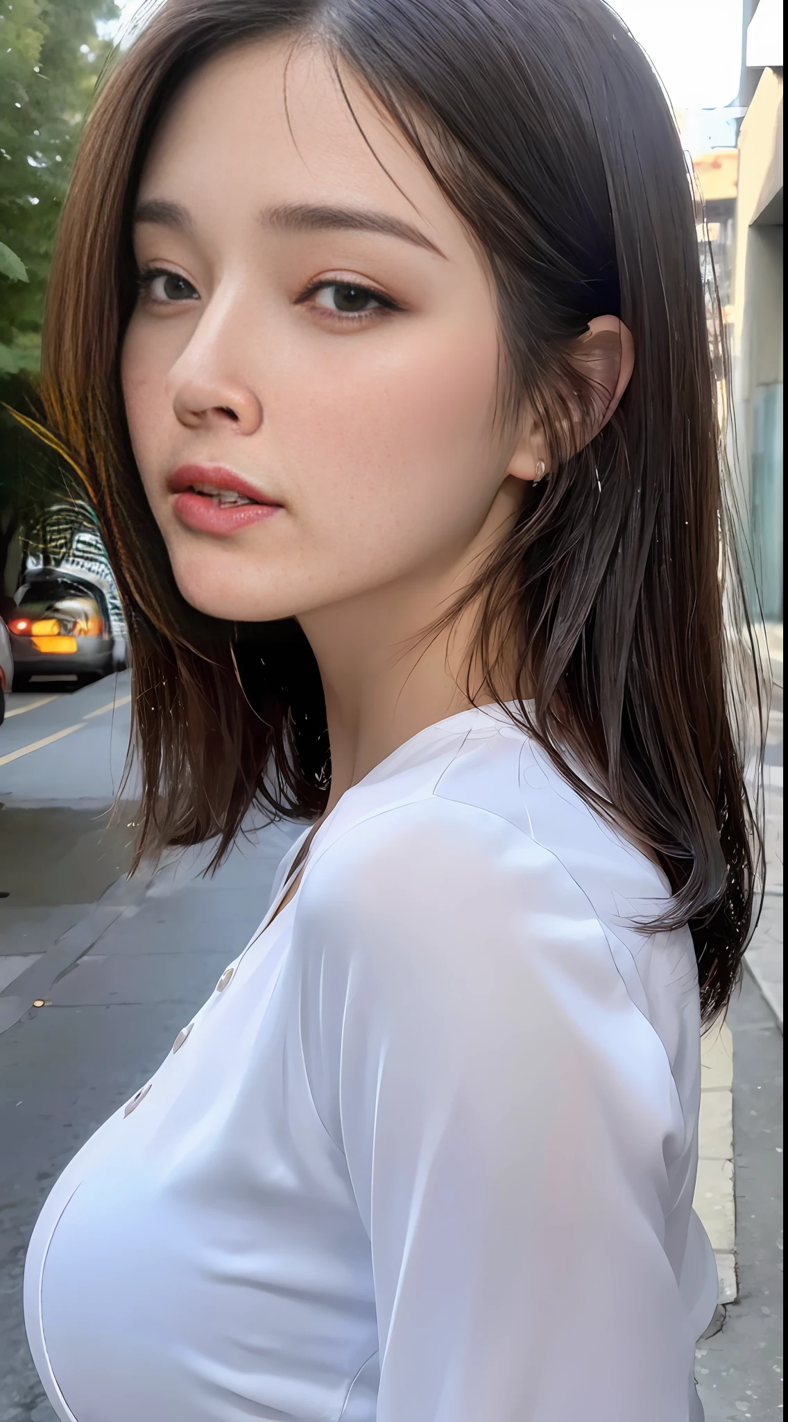 ((Best Quality, 8K, Masterpiece: 1.3)), Sharp: 1.2, Perfect Body Beauty: 1.4, Slim Abs: 1.2, ((Layered Hairstyle, Big Breasts: 1.2)), (Wet White Button Long Shirt: 1.1), (Rain, Street: 1.2), Wet: 1.5, Highly detailed face and skin texture, detailed eyes, double eyelids, side face looking at the camera