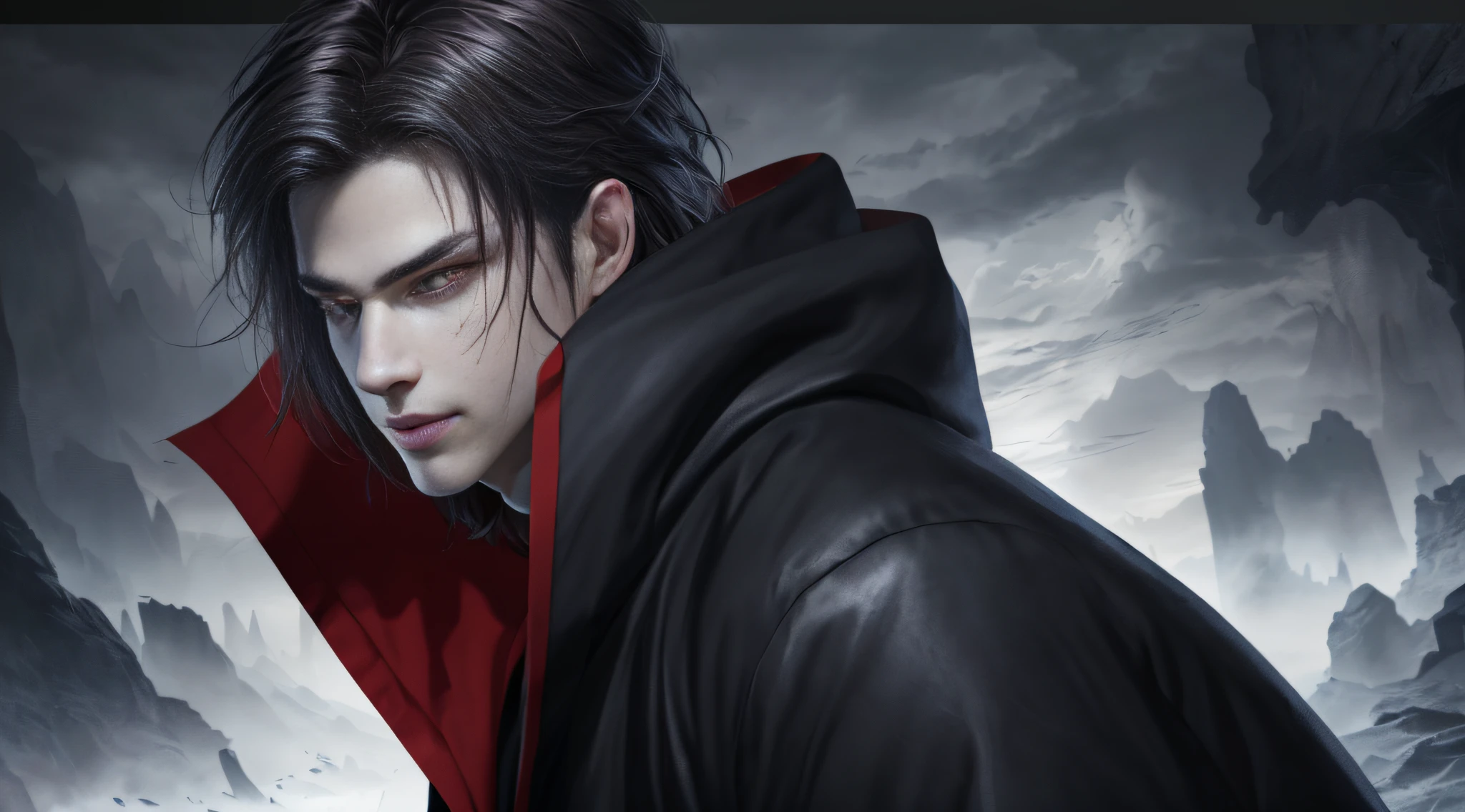 (exceedingly detailed CG unity 8k wallpaper, masterpiece, best quality, ultra-detailed), dynamic pose, a stunning and handsome young man with an alluring hood, (dark hair, a hint of a smile, piercing eyes), dramatic shadows, gloomy atmosphere.