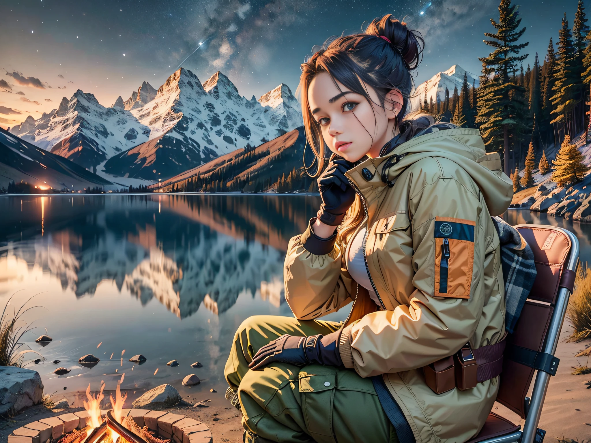 Best Quality, Masterpiece,1girl, 25 years old, hair tied back, outdoor jacket, cargo pants, thick gloves, sitting on a camper chair by the campfire, late evening, lake, beautiful mountain range in the background,