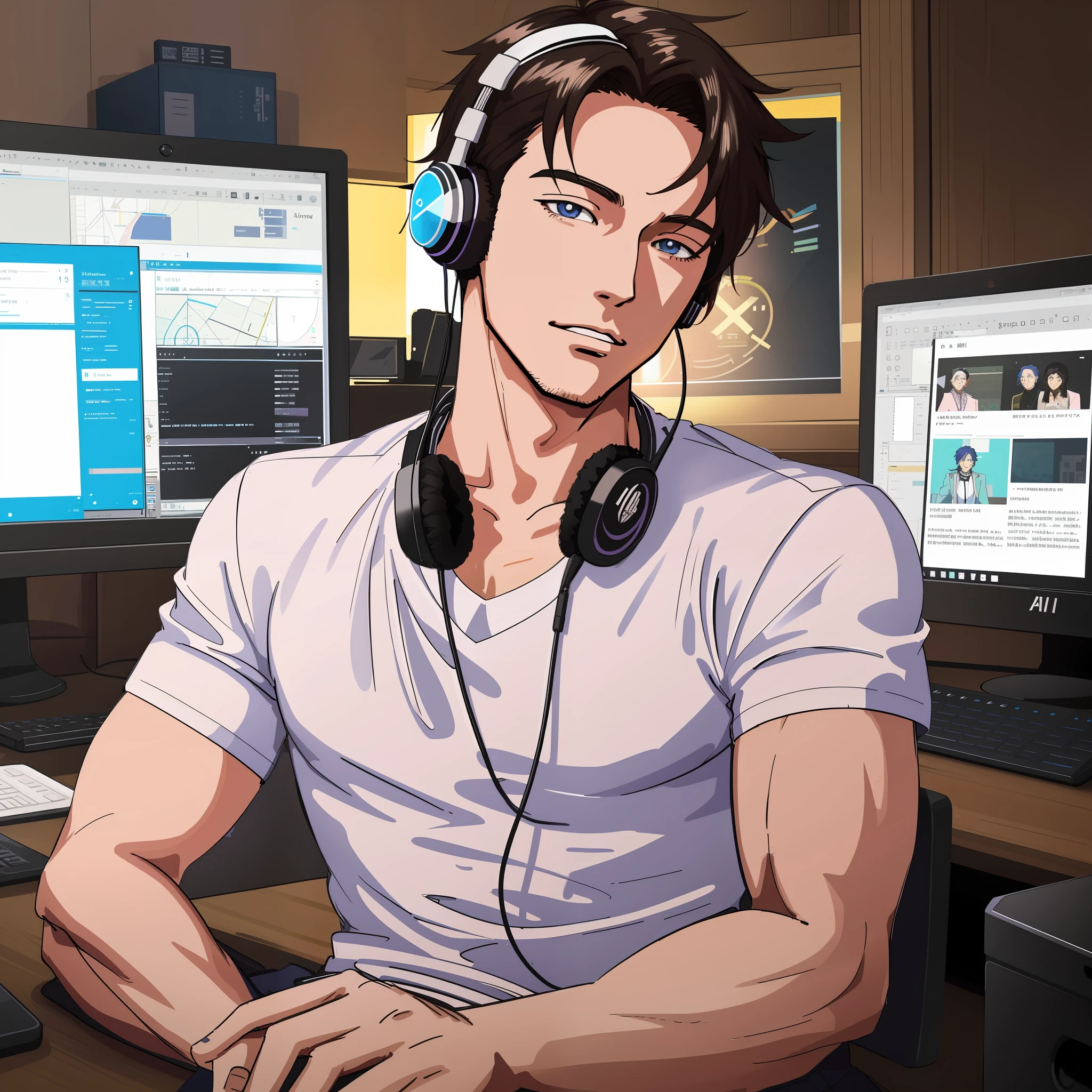 there is a man sitting at a desk with a laptop and headphones, digital anime illustration, anime handsome man, commission for high res, smooth anime cg art, kawacy, digital anime art, anime portrait of a handsome man, digital art on pixiv, high quality portrait, young anime man, detailed digital anime art, sakimichan frank franzzeta