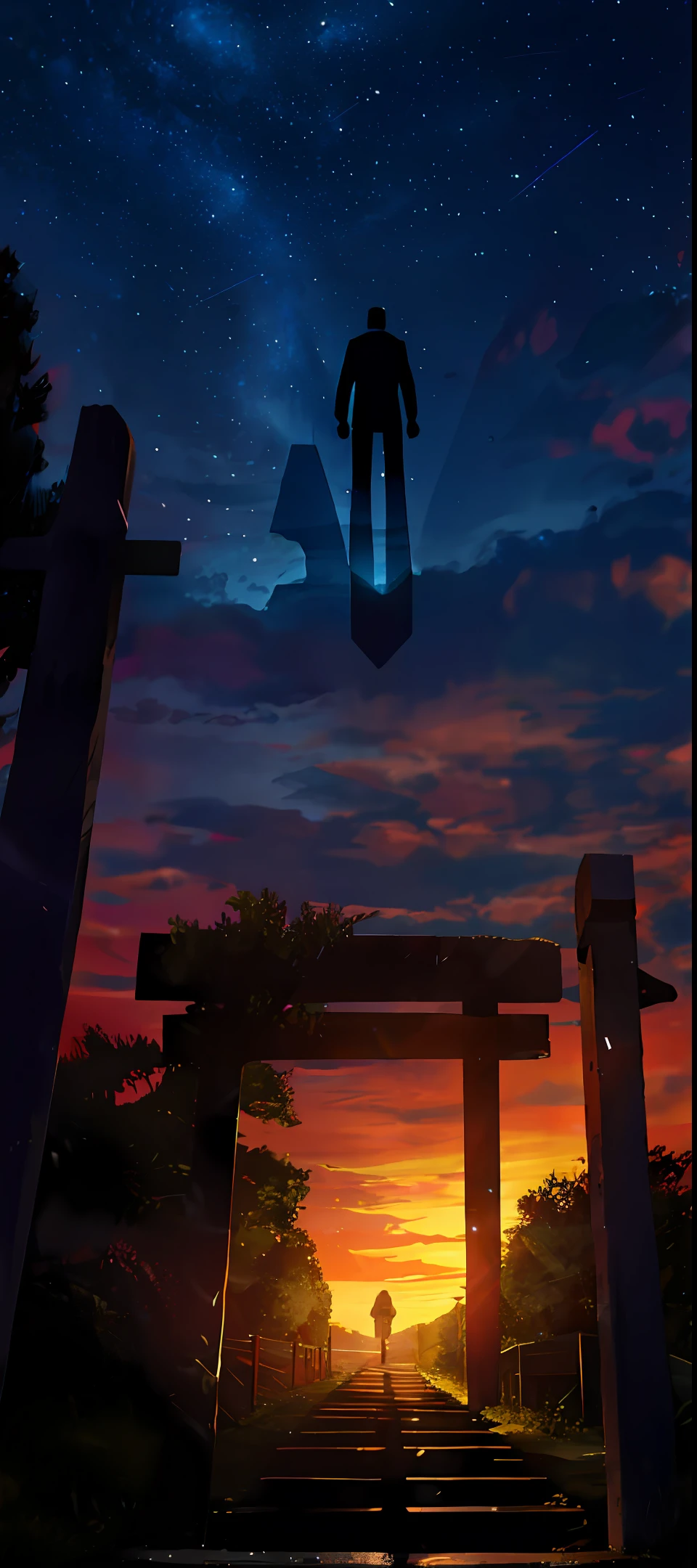 At night, at the end of the path, there is a figure on his back, pointing to the stars in the sky