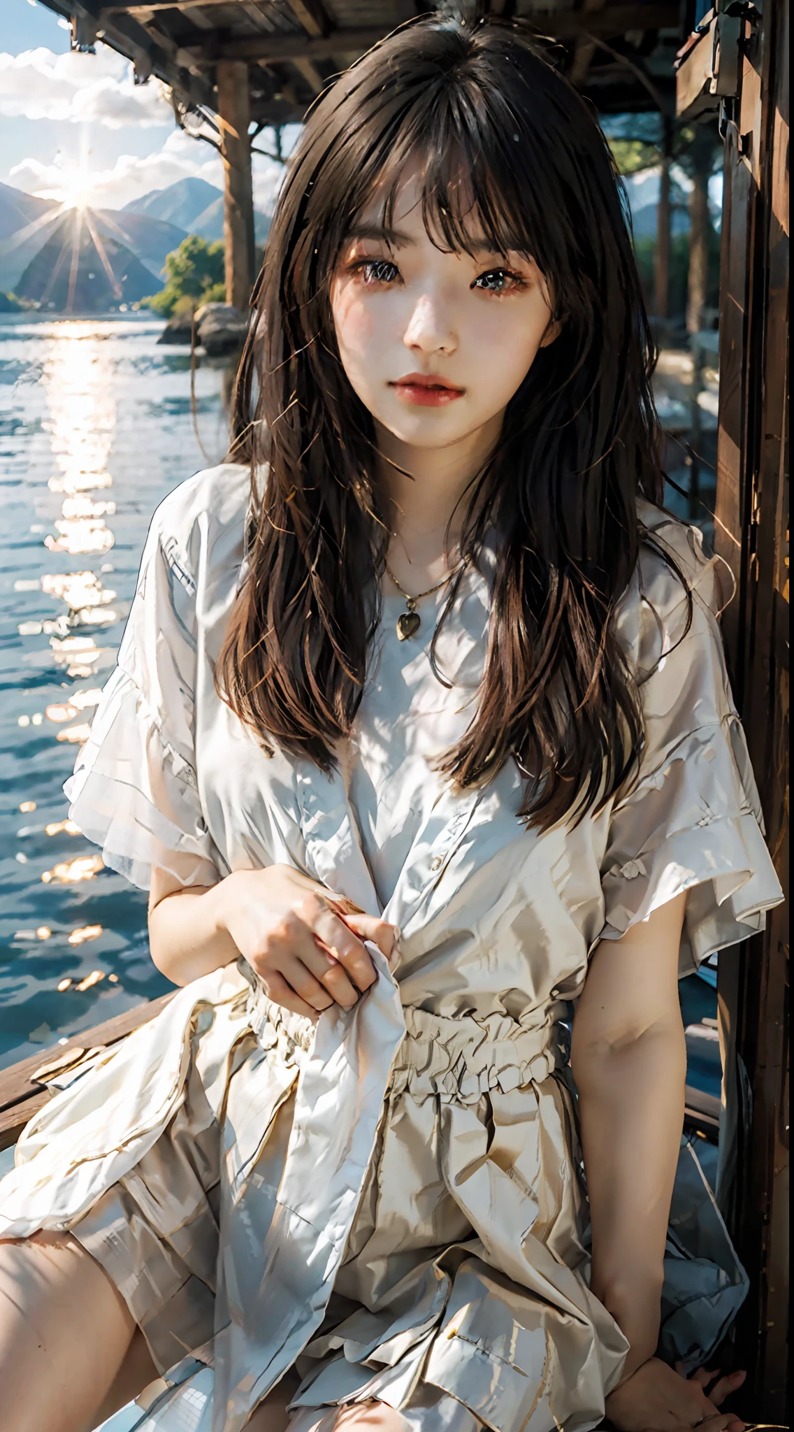 1 girl, calm expression, charming eyes, straight hair, flowing tulle miniskirt, calm posture, porcelain-like skin, subtle blush, crystal pendant BREAK Golden Hour, (edge lighting): 1.2, warm tones, sun flare, soft shadows, vivid colors, painting effects, fantastic atmosphere BREAK Scenic lakes, distant mountains, willows, calm water, reflections, sunlit clouds, tranquil atmosphere, idyllic sunsets, super detailed, Official art, unified 8k wallpaper, zentangle, mandala