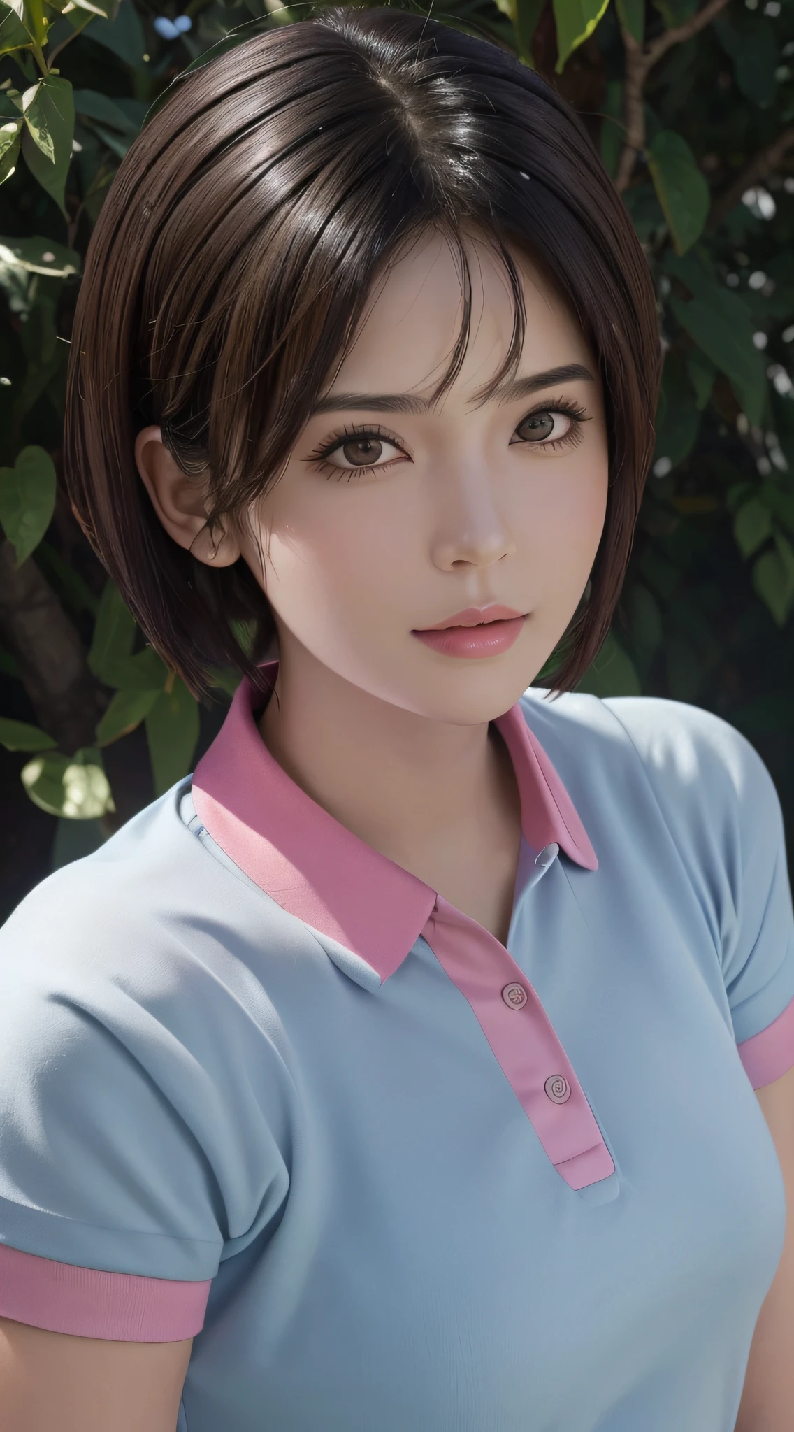 (Masterpiece: 1.3), (8k, photorealistic, RAW photo, best quality: 1.4), (1girl), beautiful face, (realistic face), (black hair, short hair: 1.3), beautiful hairstyle, realistic eyes, beautiful detail eyes, (realistic skin), beautiful skin, (pink golf wear), absurd, attractive, ultra high resolution, ultra realistic, high definition, golden ratio, (golf_ Wearing a outfit and wearing a golf_Sun visor)