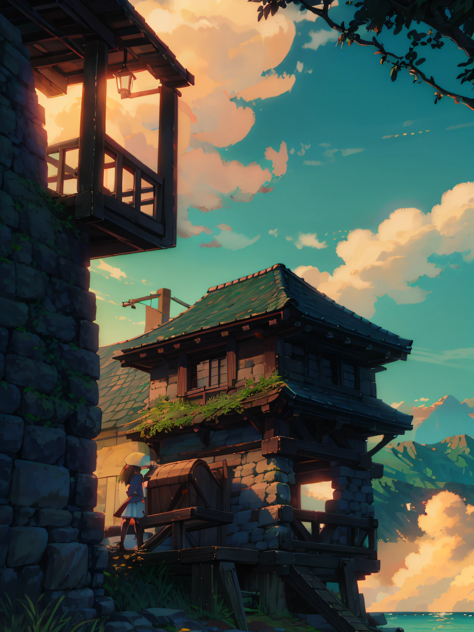 Sunset, wind up, girl sitting under stone pier, confused, HD 8k, masterpiece