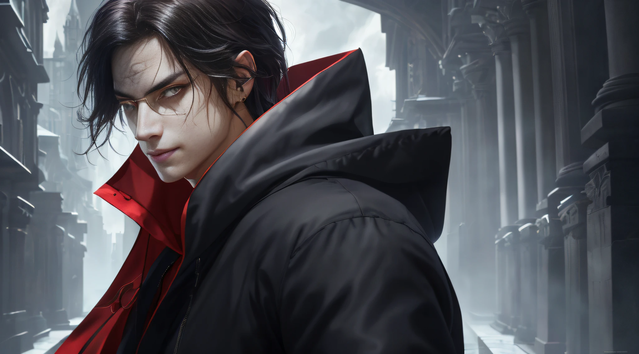 (exceedingly detailed CG unity 8k wallpaper, masterpiece, best quality, ultra-detailed), dynamic pose, a stunning and handsome young man with an alluring hood, (dark hair, a hint of a smile, piercing eyes), dramatic shadows, gloomy atmosphere.