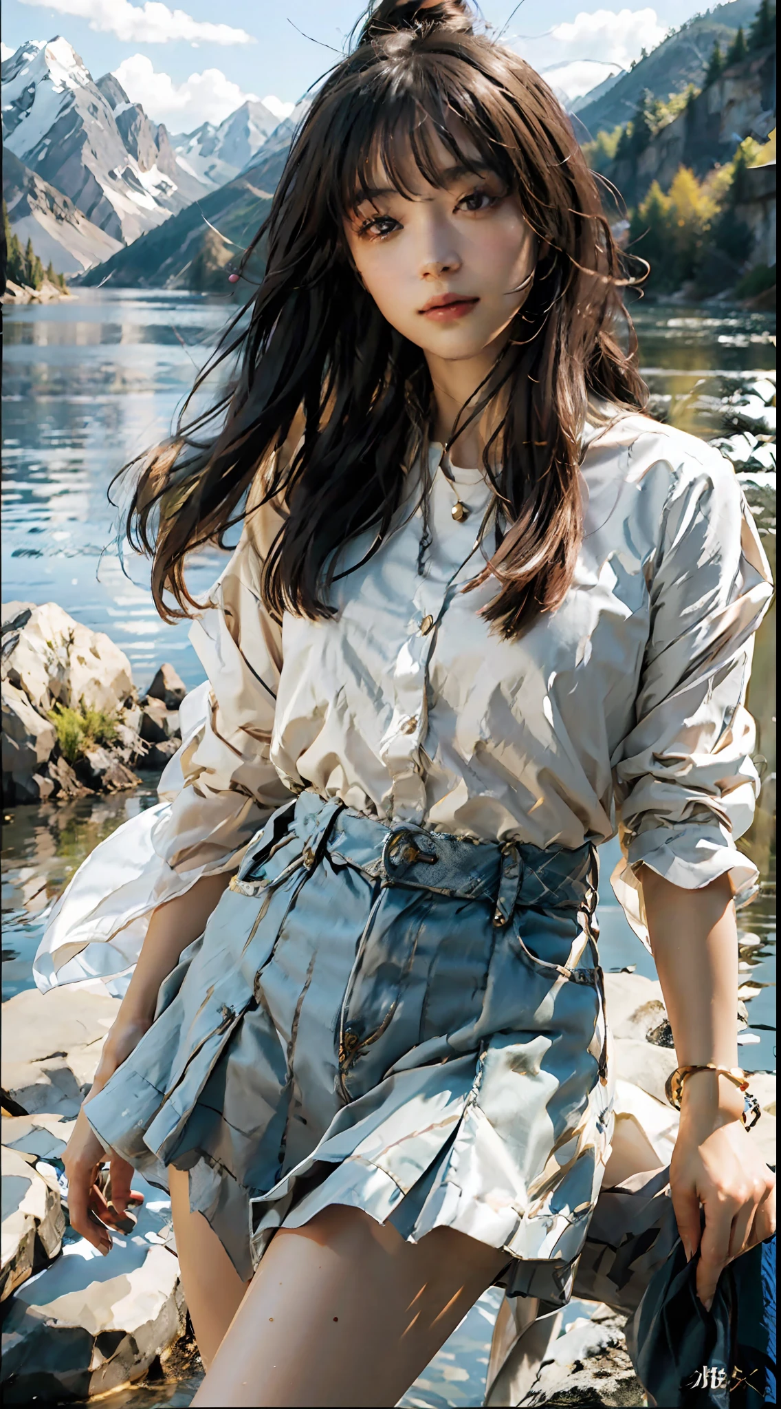 1 girl, calm expression, charming eyes, straight hair, flowing tulle miniskirt, calm posture, porcelain-like skin, subtle blush, crystal pendant BREAK Golden Hour, (edge lighting): 1.2, warm tones, sun flare, soft shadows, vivid colors, painting effects, fantastic atmosphere BREAK Scenic lakes, distant mountains, willows, calm water, reflections, sunlit clouds, tranquil atmosphere, idyllic sunsets, super detailed, Official art, unified 8k wallpaper, zentangle, mandala
