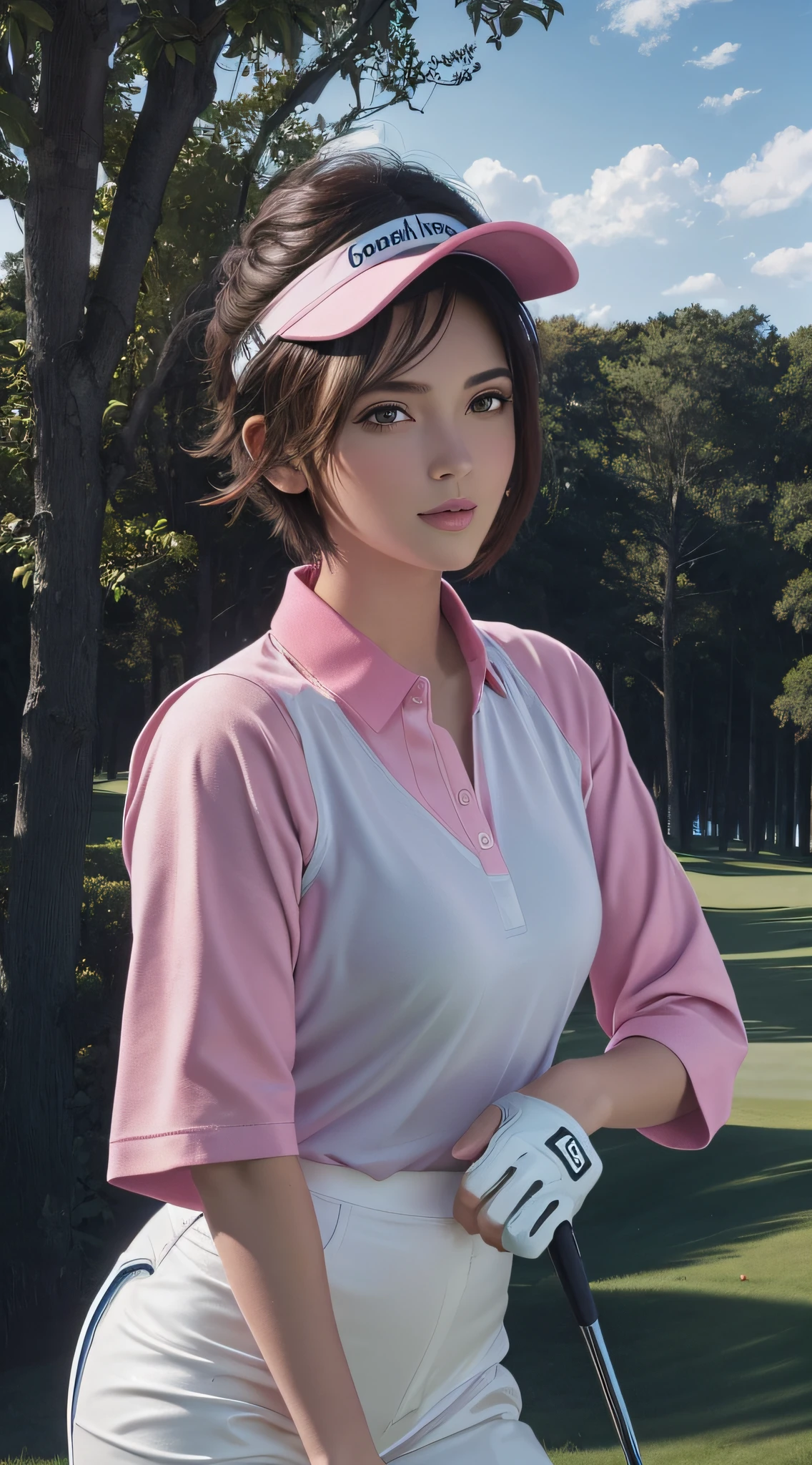 (Masterpiece: 1.3), (8k, photorealistic, RAW photo, best quality: 1.4), (1girl), beautiful face, (realistic face), (black hair, short hair: 1.3), beautiful hairstyle, realistic eyes, beautiful detail eyes, (realistic skin), beautiful skin, (pink golf wear), absurd, attractive, ultra high resolution, ultra realistic, high definition, golden ratio, (golf_ Wearing a outfit and wearing a golf_Sun visor)