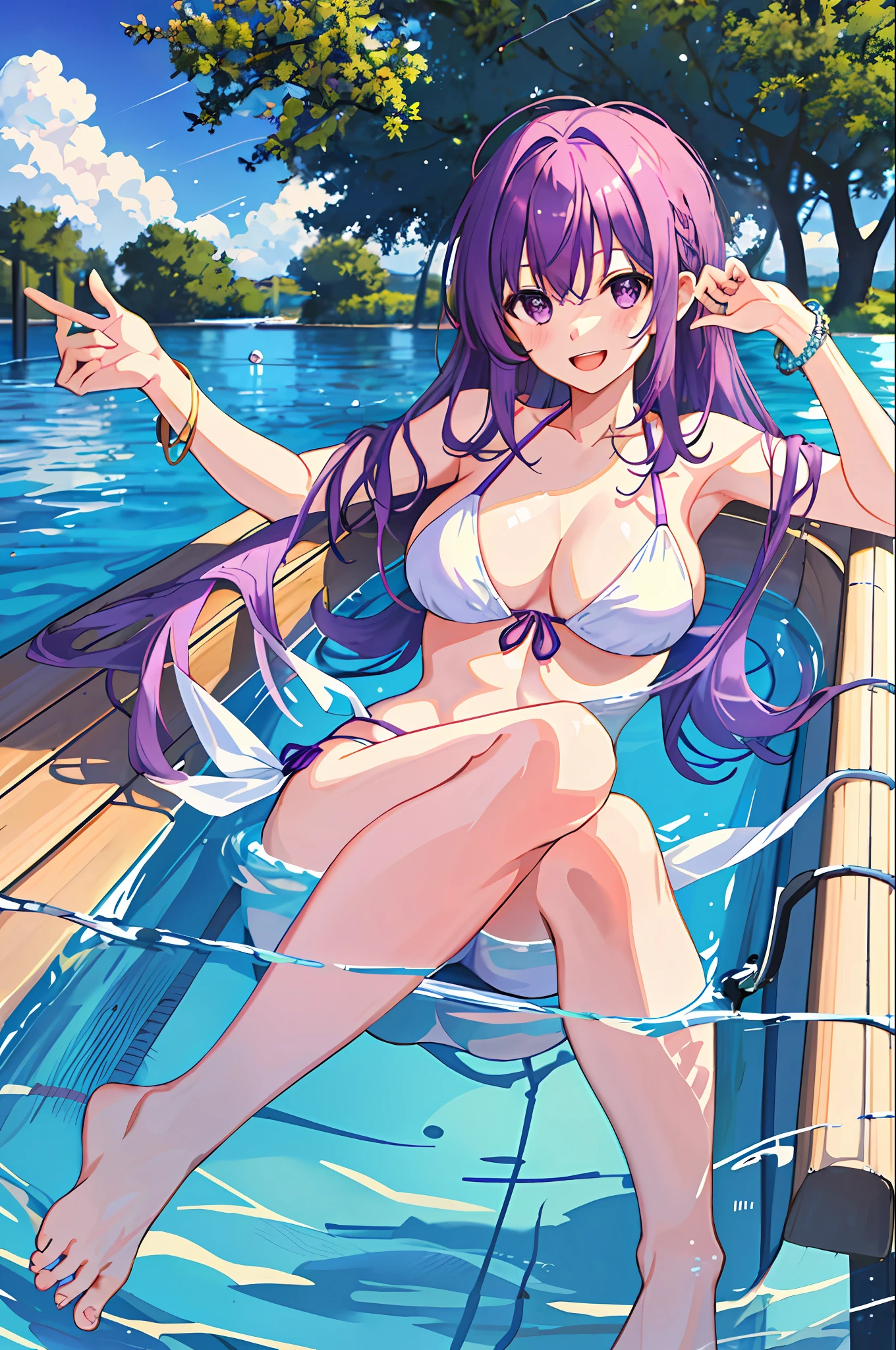 ((masterpiece,best quality)),1girl, breasts, swimsuit, solo, looking at viewer, large breasts, barefoot, smile, on stomach, pool, wet, lying, water, the pose, bikini, open mouth, bangs, feet, ass, feet up, white bikini, soles, outdoors, purple eyes, bare shoulders, bracelet, jewelry, short hair, cleavage, purple hair, blush, long hair, partially submerged, :d, toes, thighs, tree,