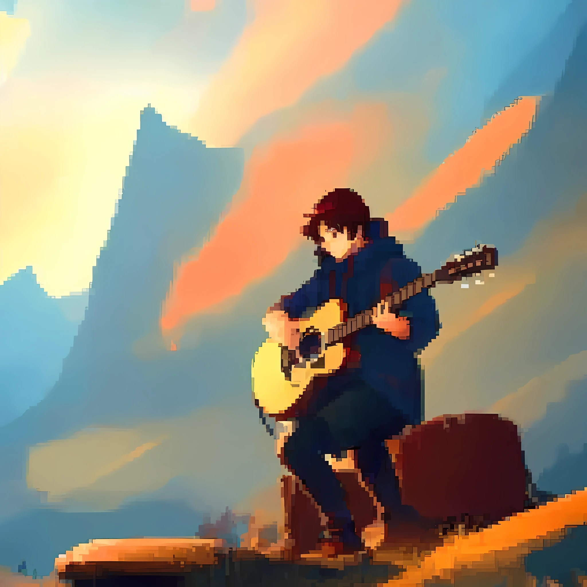 arafed image of a man playing a guitar on a rock, in style of atey ghailan, lofi artstyle, inspired by Atey Ghailan, lofi art, background artwork, singer songwriter, art for the game, atey ghailan 8 k, singer - songwriter, guitar concept art, inspired by Cyril Rolando, stylized painting