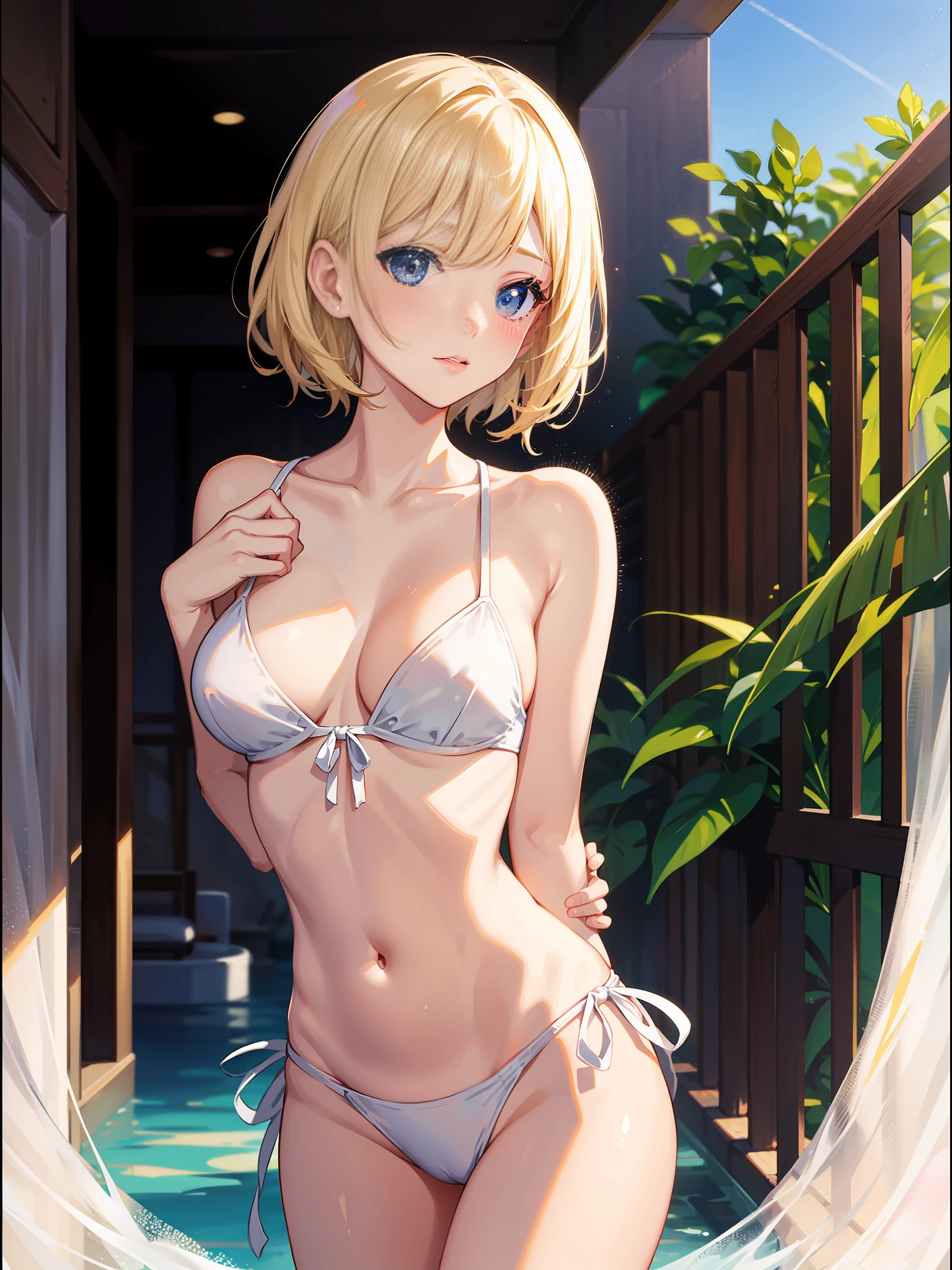 High Resolution, Best Quality, Slender Beautiful Girl, White Swimsuit, Do Not Blush, Club Room, Blonde, Short Cut, Kiss