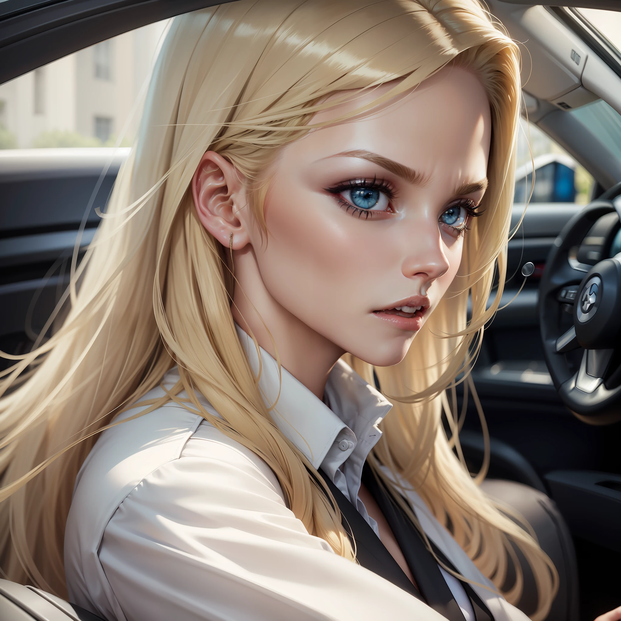 Ultra realistic image of a beautiful blonde woman, light eyes, dressed in a formal ensemble with a white blazer with black details, driving, angry expression, frontal image