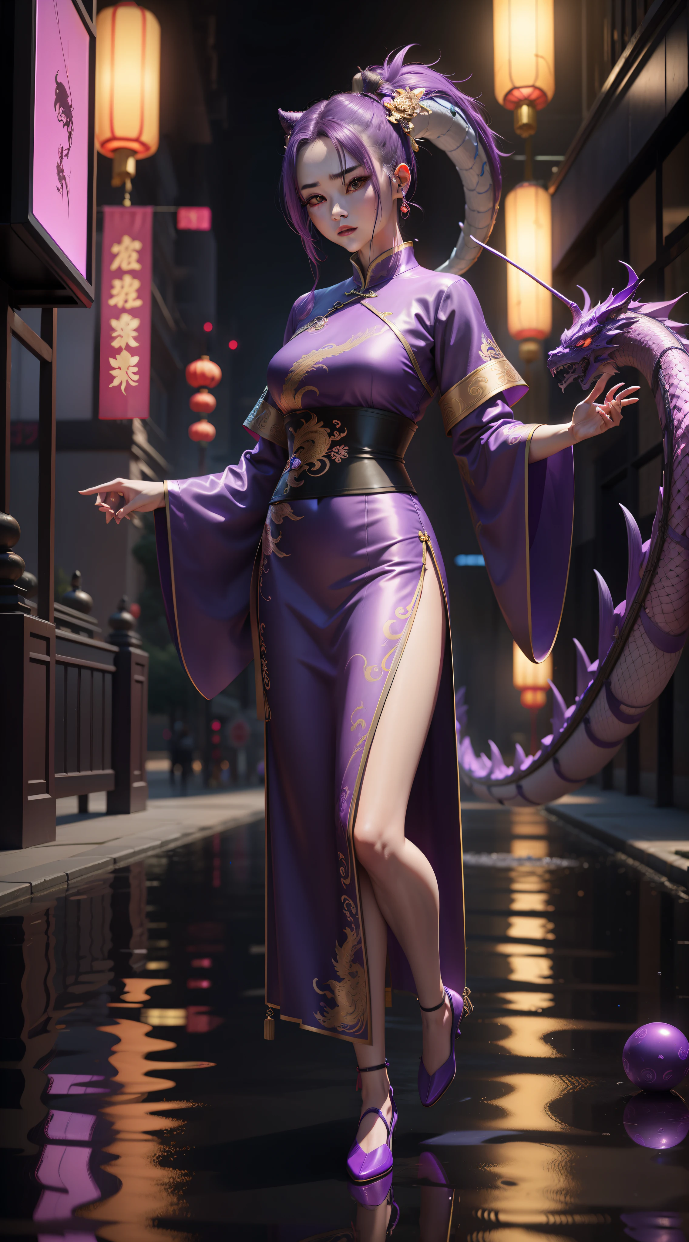 Chinese Dragon, Purple, Hanfu, Water and Light Reflection, Candy Color, Cyberpunk, Fashion Trends, Detail Representation, 3D, Animation Lighting, C4D, Ocrederer, 8K, Best Quality