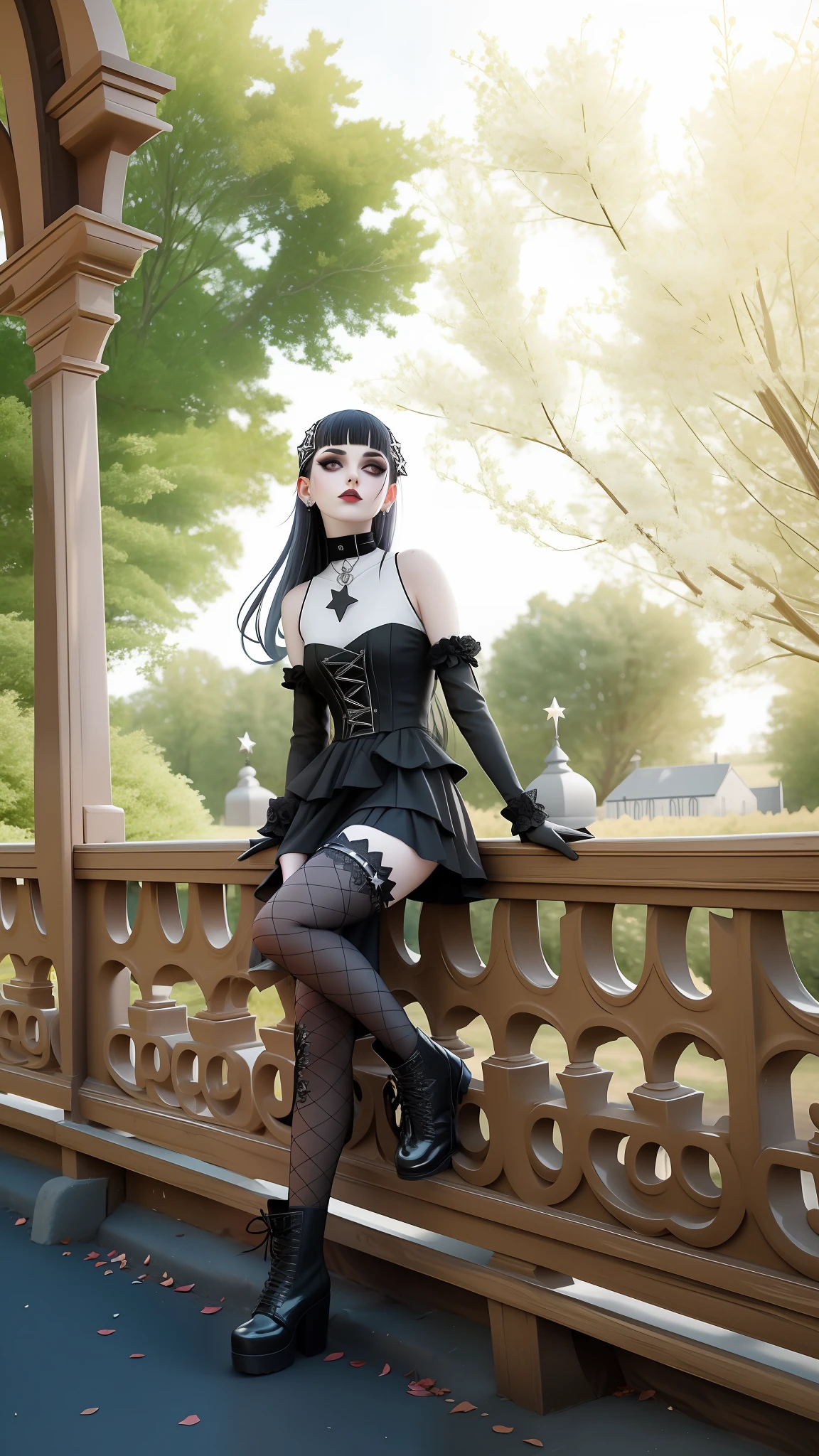 there is a woman sitting on a fence with a star painted on her face, pale goth beauty, gothic outfit, gothic girl dressed in black, wearing a gothic dress, wearing modern gothic clothes, goth girl, gothic girl, gothic clothing, goth style, dreamy gothic girl, gothic style, gothic aesthetic, goth woman, 1 7 - year - old goth girl, gothic maiden