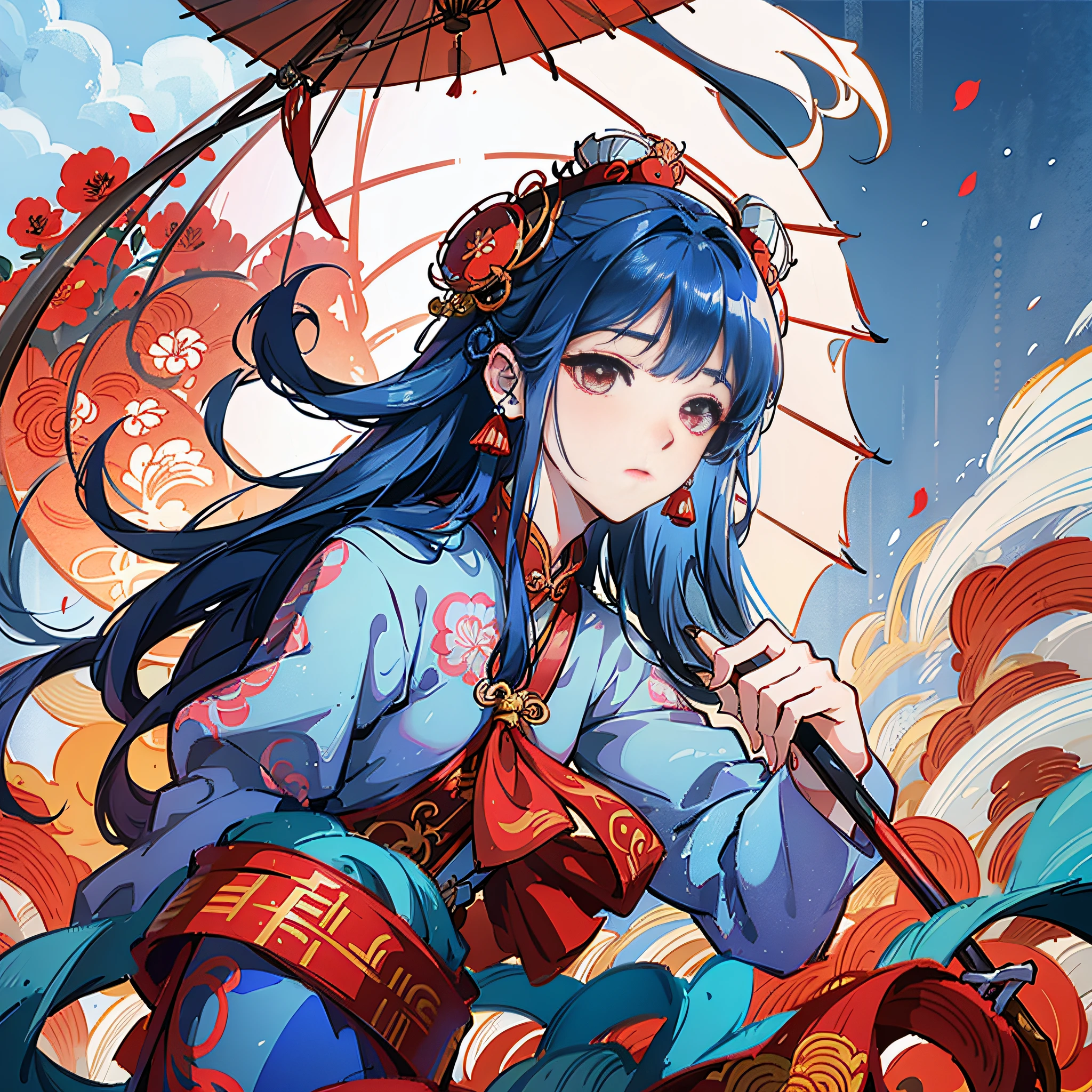 arafed woman in a blue and red costume holding a white umbrella, peking opera, zhao yun, high quality theatre costume, queen of the sea mu yanling, inspired by Xie Huan, chinese warrior, inspired by Li Mei-shu, tai costume, inspired by Zhao Yuan, inspired by Lan Ying, yun ling, inspired by Pan Tianshou --auto --s2