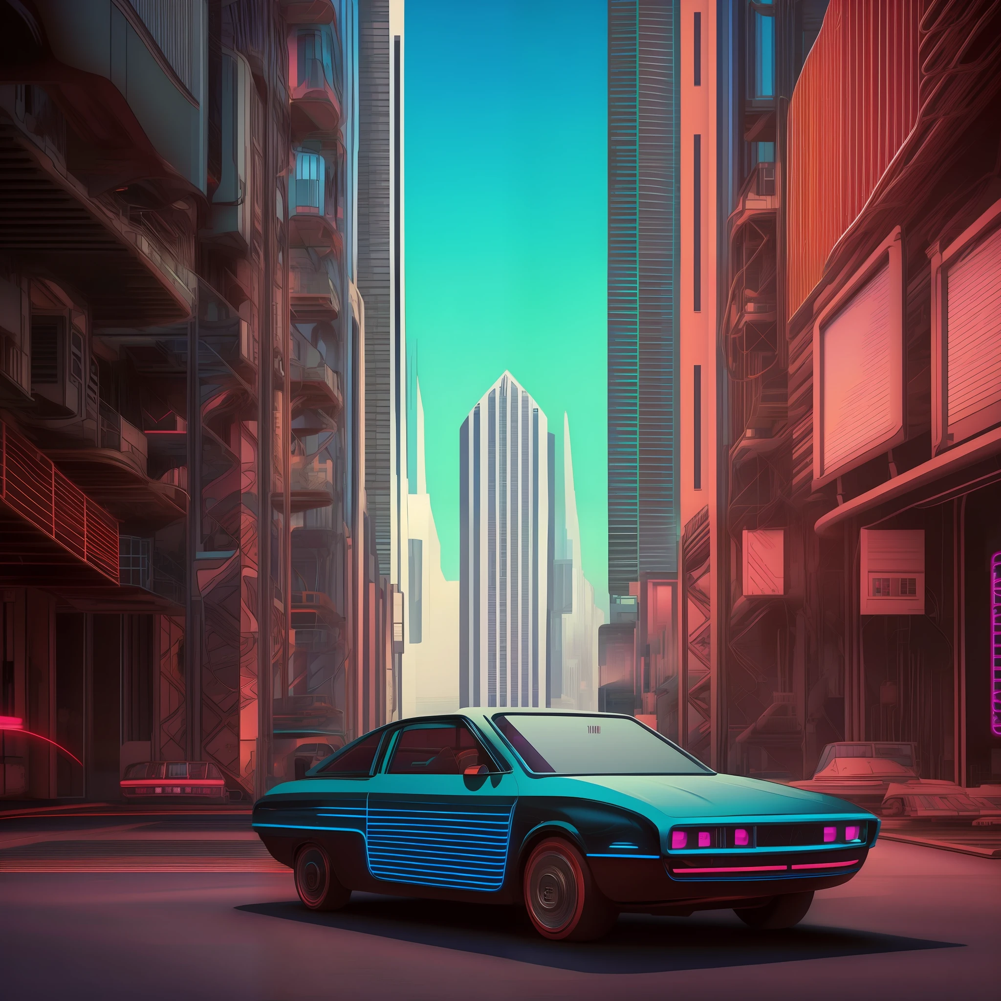There is a car that is parked on the street with a city in the background, electronics, retro neon, retrowave art, retrofuturism