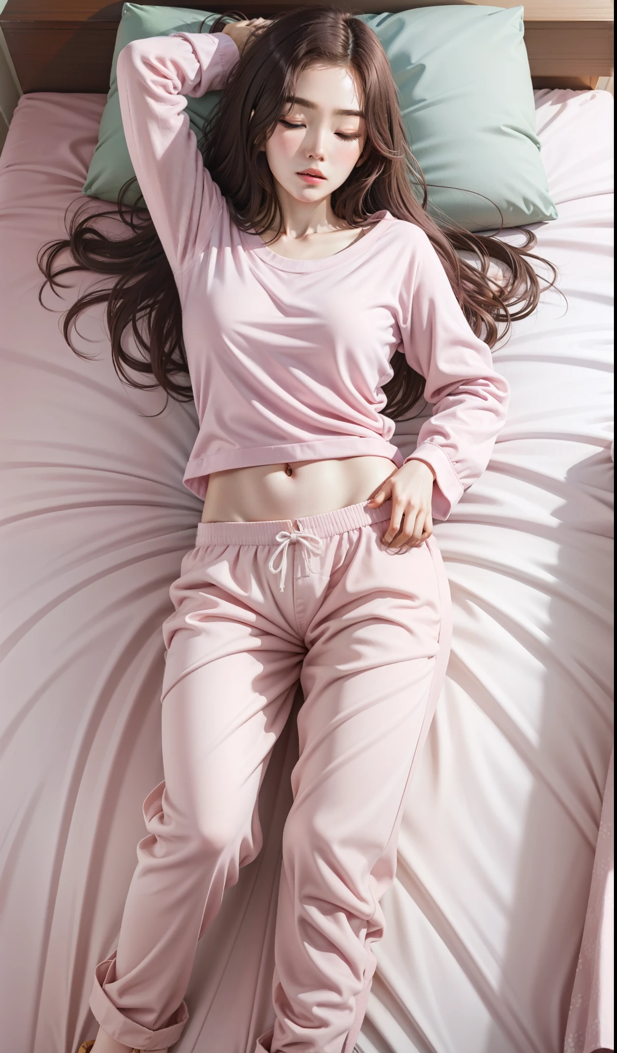 Sleeping girl, 22 years old, realistic, she is wearing long pants, she is wearing pink pajama, brown hair.