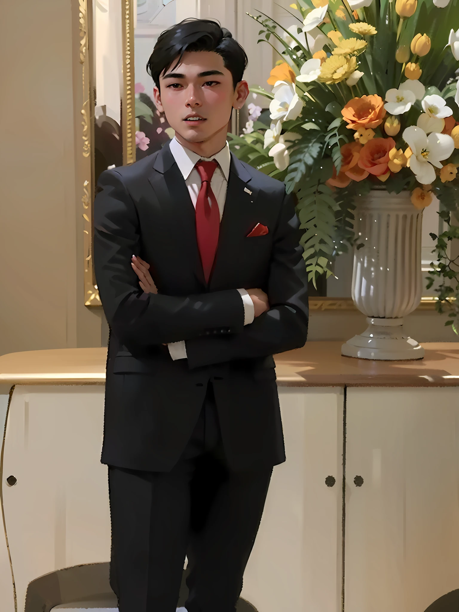 arafed man in a suit and tie standing in front of a vase of flowers, profile picture, formal attire, around 20 yo, wearing red formal attire, alejandro, doing an elegant pose, christopher cao, around 1 9 years old, taken in the early 2020s, damien tran, formal portrait, full-body-shot