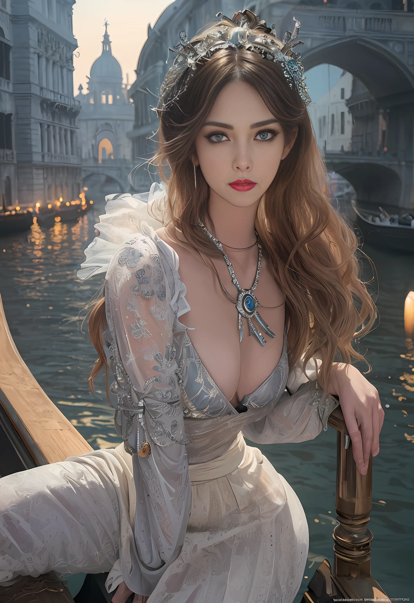 a hyper realistic ultra detailed photograph of a beautiful girl as a female 2020s dancer on the boat of 2020s Venice,(Bridge Of Sighs background),(princess eyes,shiny pupils), detailed symmetric beautiful hazel eyes, detailed gorgeous face, peaky blinders environemt, trending on cg society, bauhaus, bulgari, colourful atmosphere, official valentino editorial, moonlight, medium symmetry, neoprene, behance contest winner, portrait featured on unsplash, stylized digital art, smooth, ultra high definition, 8k, unreal engine 5, ultra sharp focus, award-winning photograph, Canon EOS 5D Mark IV DSLR, f/8, ISO 100, 1/250 second, TanvirTamim, trending on artstation, by artgerm, h. r. giger and beksinski, highly detailed, vibrant