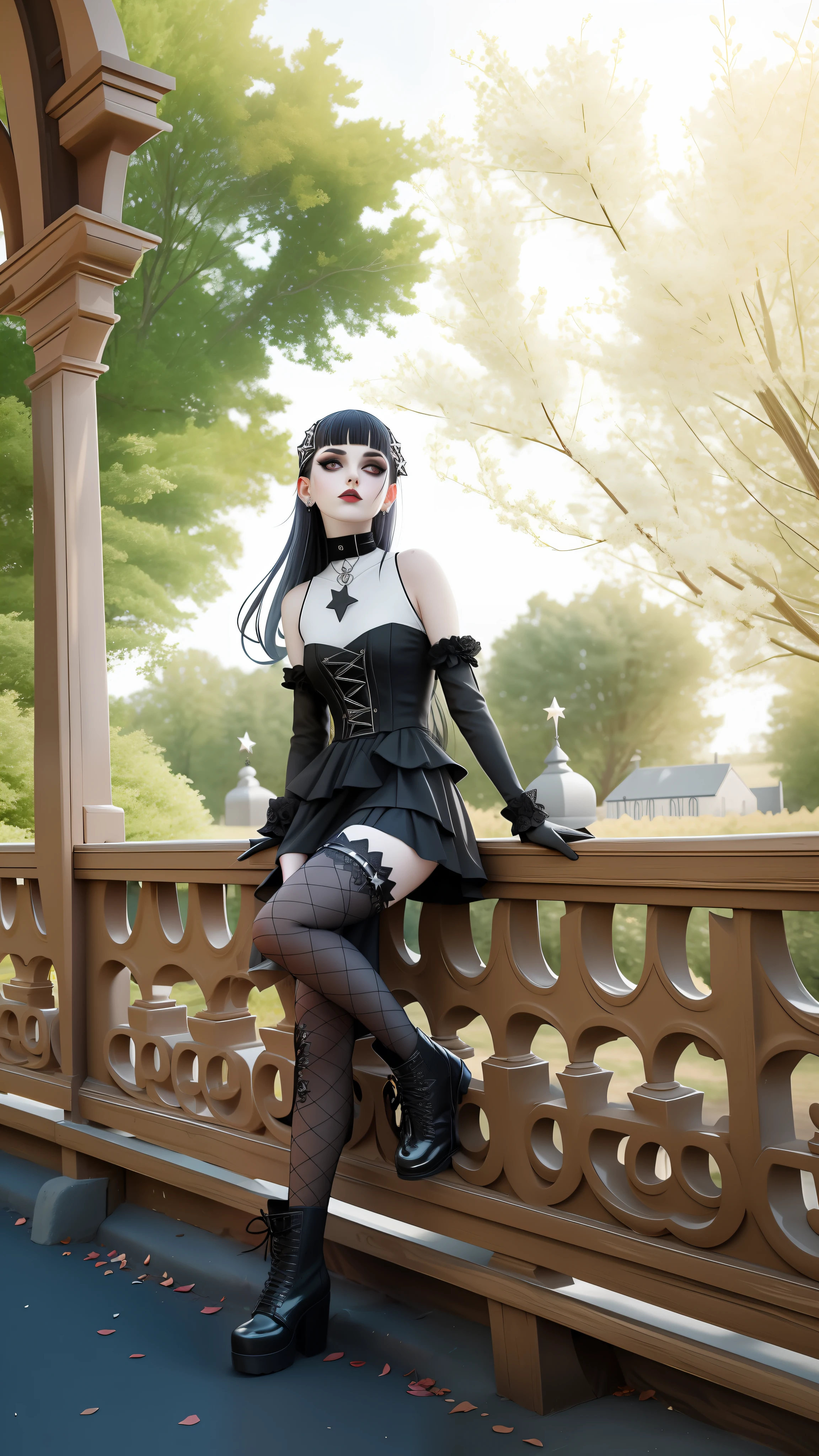 there is a woman sitting on a fence with a star painted on her face, pale goth beauty, gothic outfit, gothic girl dressed in black, wearing a gothic dress, wearing modern gothic clothes, goth girl, gothic girl, gothic clothing, goth style, dreamy gothic girl, gothic style, gothic aesthetic, goth woman, 1 7 - **** - *** goth girl, gothic maiden