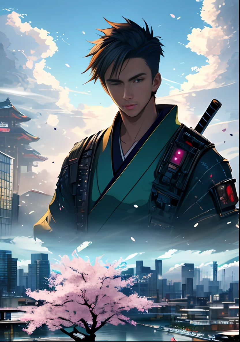 cyberpunk, fantasy world, Roppongi, one young man, samurai, whole body, ako ronin, distant view, from afar, near future, futuristic city, mohri garden, cherry blossoms, masterpiece, highest quality, intricate details, absurdity, soft lighting, very elaborate, elaborate details, cinematic, realistic background, high resolution, film particles, surreal, high resolution, drone, realistic lighting, Beautiful graphics, vision (wide-angle lens), ultra-high resolution (realism: 1.4), super high quality, realism, high detail, detail enhancement, magnificent clouds, fantasy clouds, inspired by the beauty of Japan ukiyo-e, delicate lines, magnificent Instagram, art station, colorful paint splatter, Unreal Engine, splash screen, Complementary colors, ((((handsome young man)))